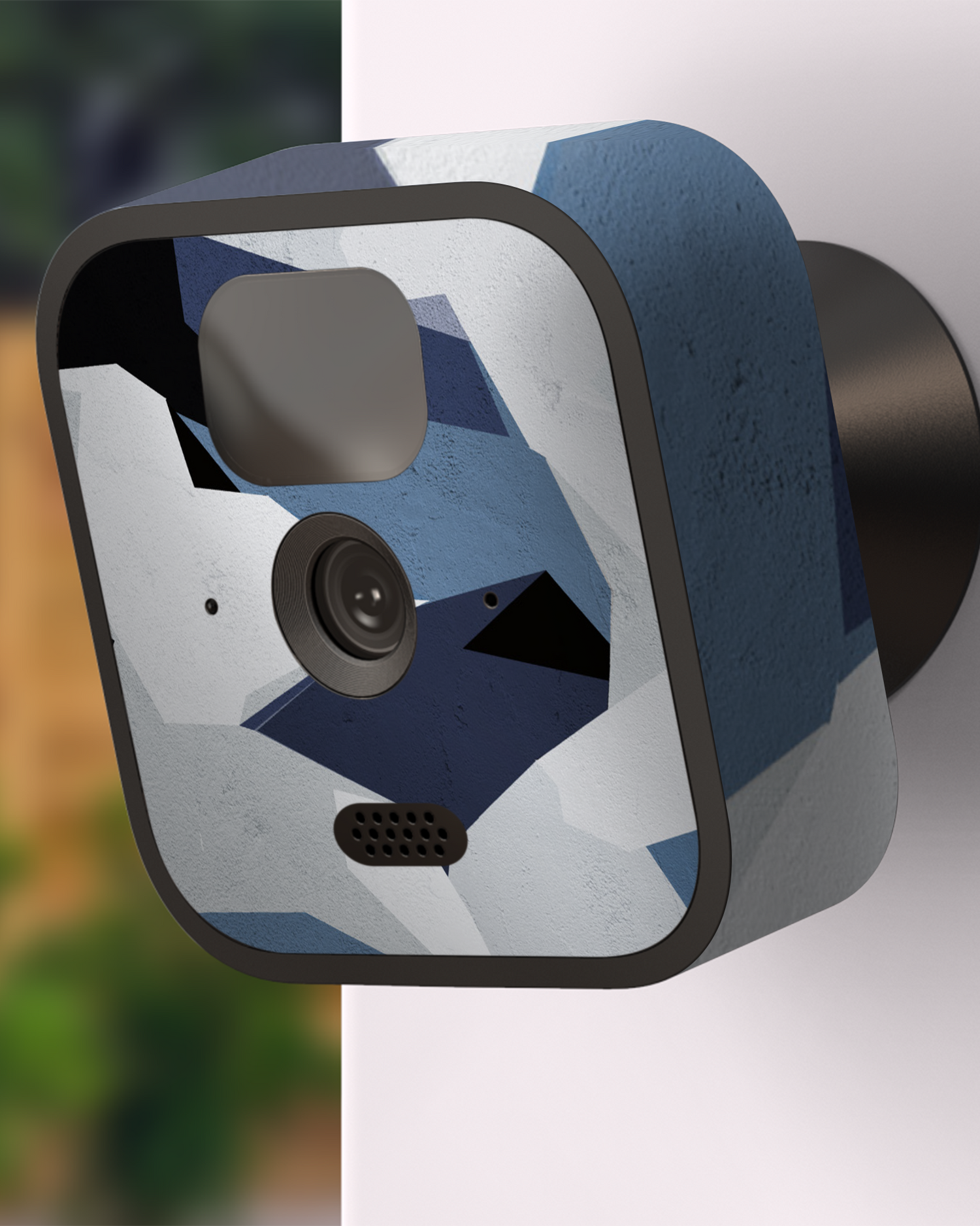 Geometric Camo Blue Camera Skin Blink Outdoor (2020) attached to exterior wall