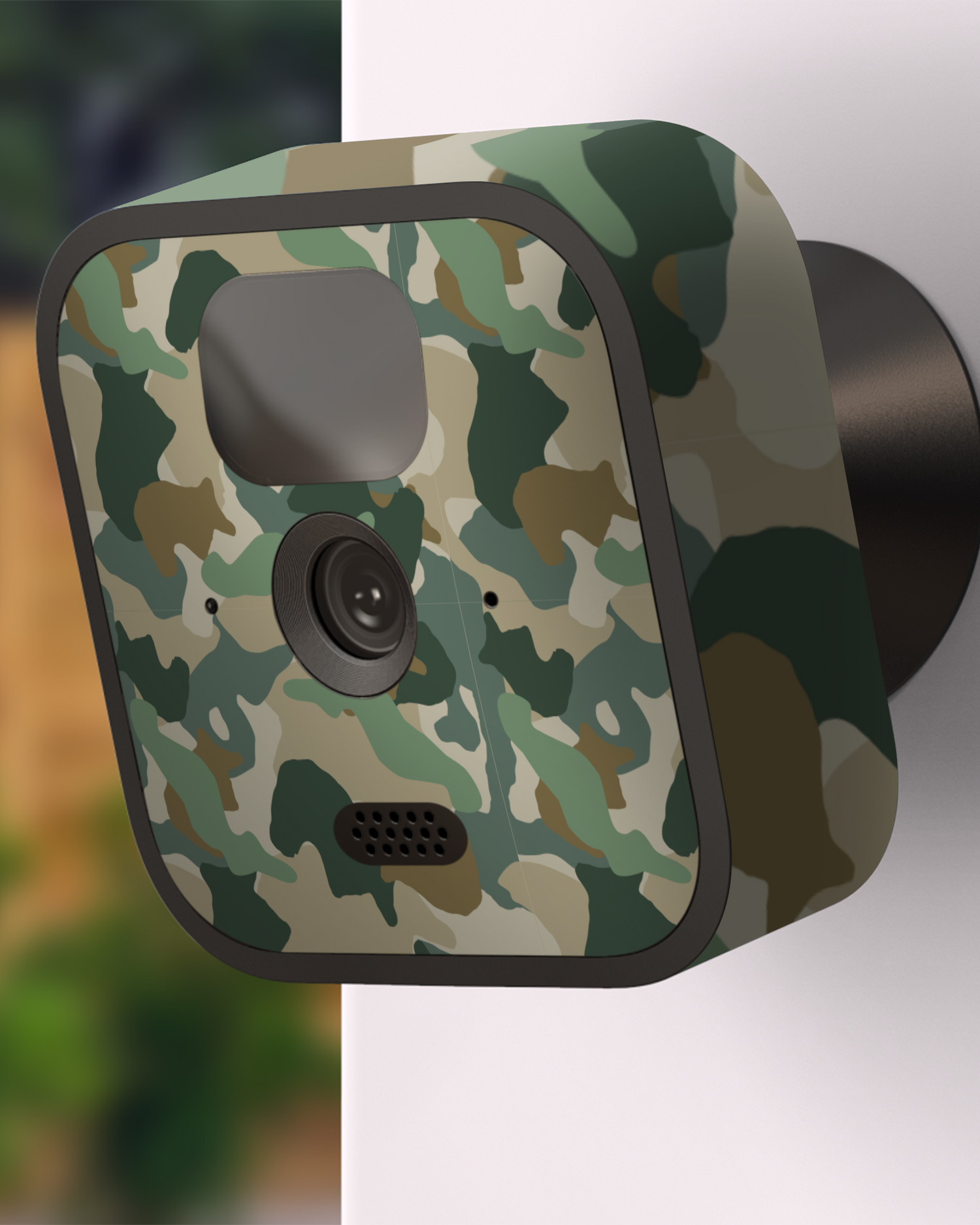 Abstract Green Camo Camera Skin Blink Outdoor (2020) attached to exterior wall