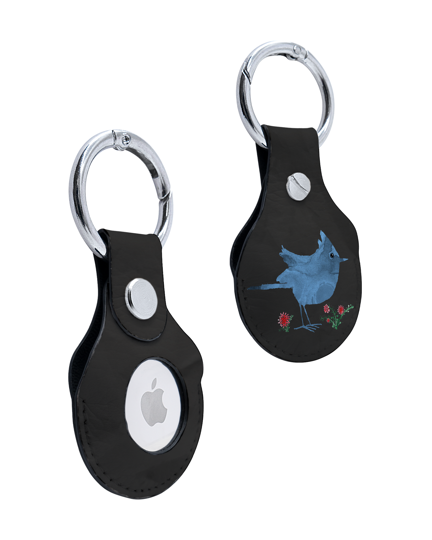 AirTag Holder with Watercolour Bird Black Design: Front and Back