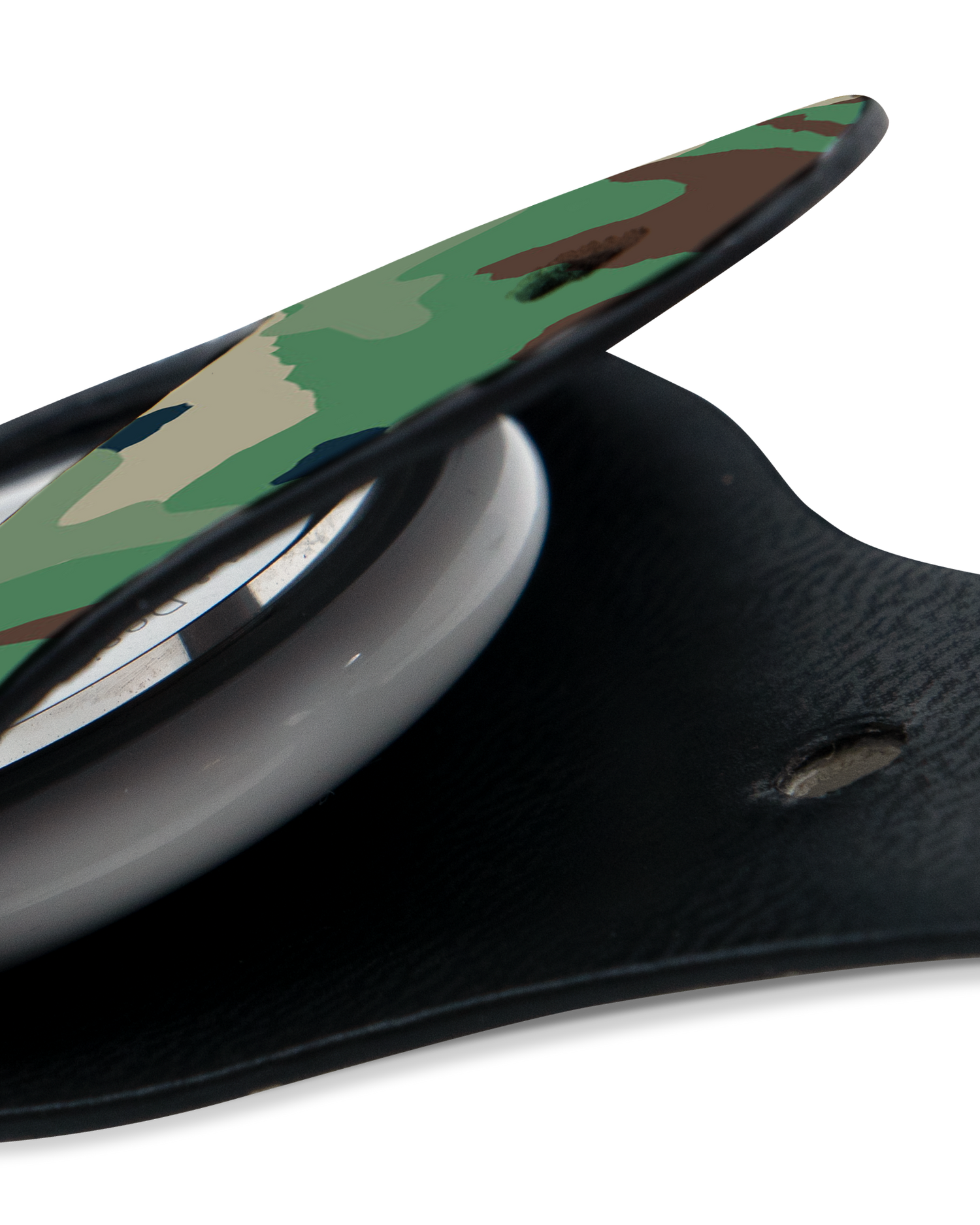 Close-Up: AirTag Holder with Green and Brown Camo Design
