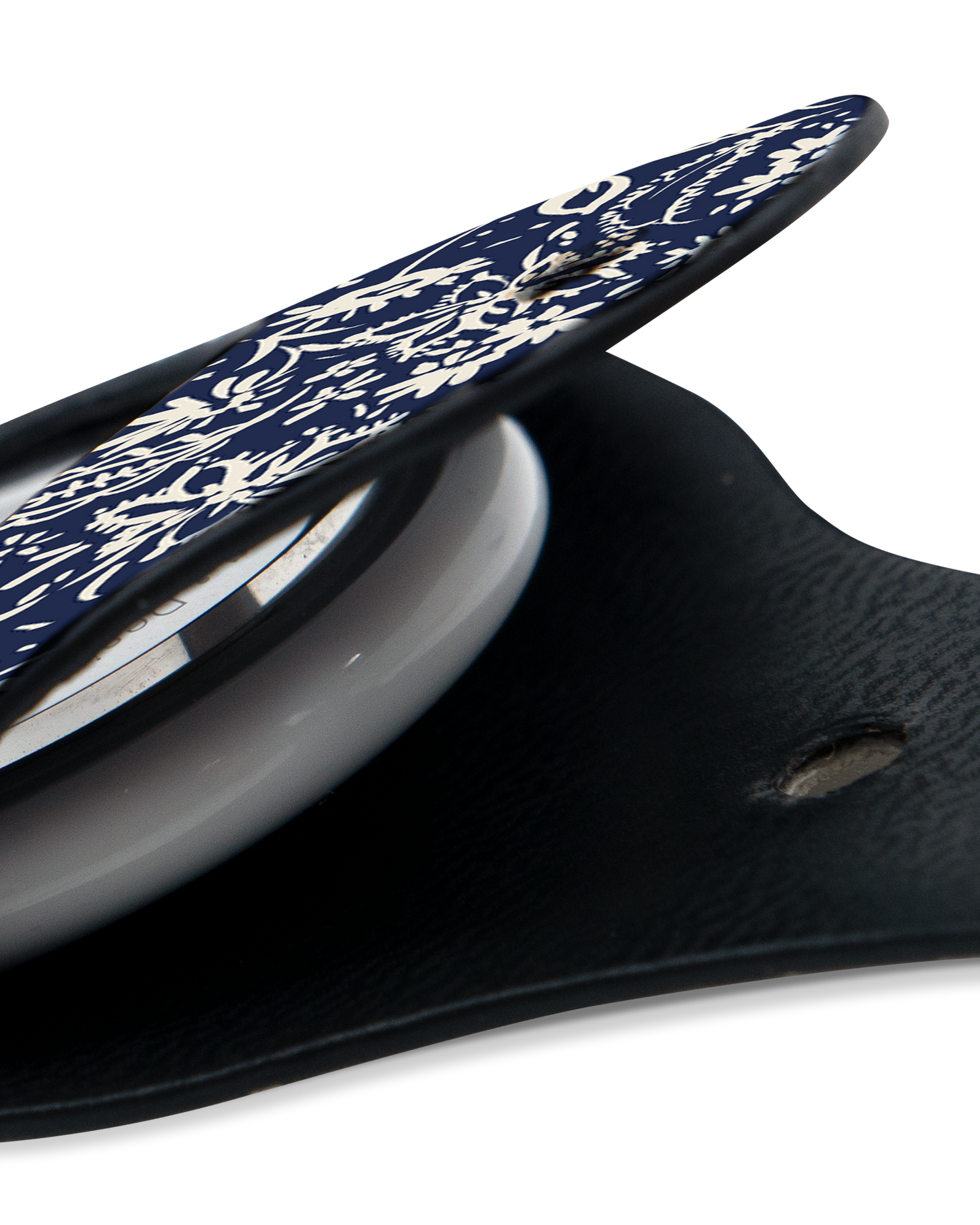 Close-Up: AirTag Holder with Ditsy Blue Paisley Design