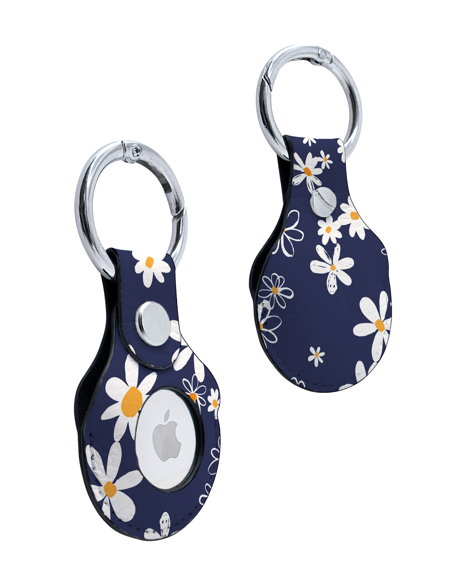 AirTag Holder with Navy Daisies Design: Front and Back
