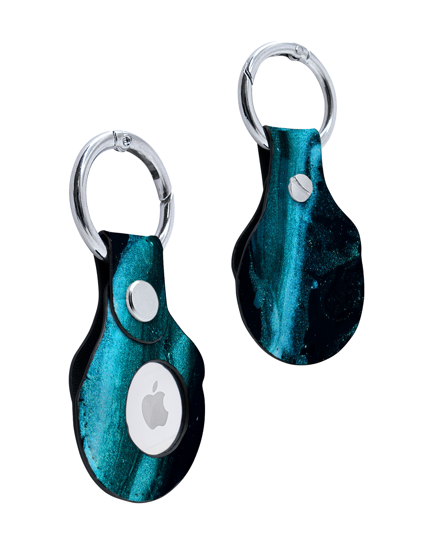 AirTag Holder with Deep Turquoise Sparkle Design: Front and Back