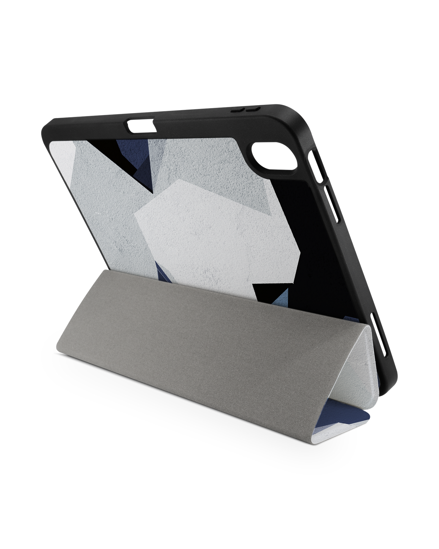 Geometric Camo Blue iPad Case with Pencil Holder for Apple iPad (10th Generation): Set up in landscape format (back view)