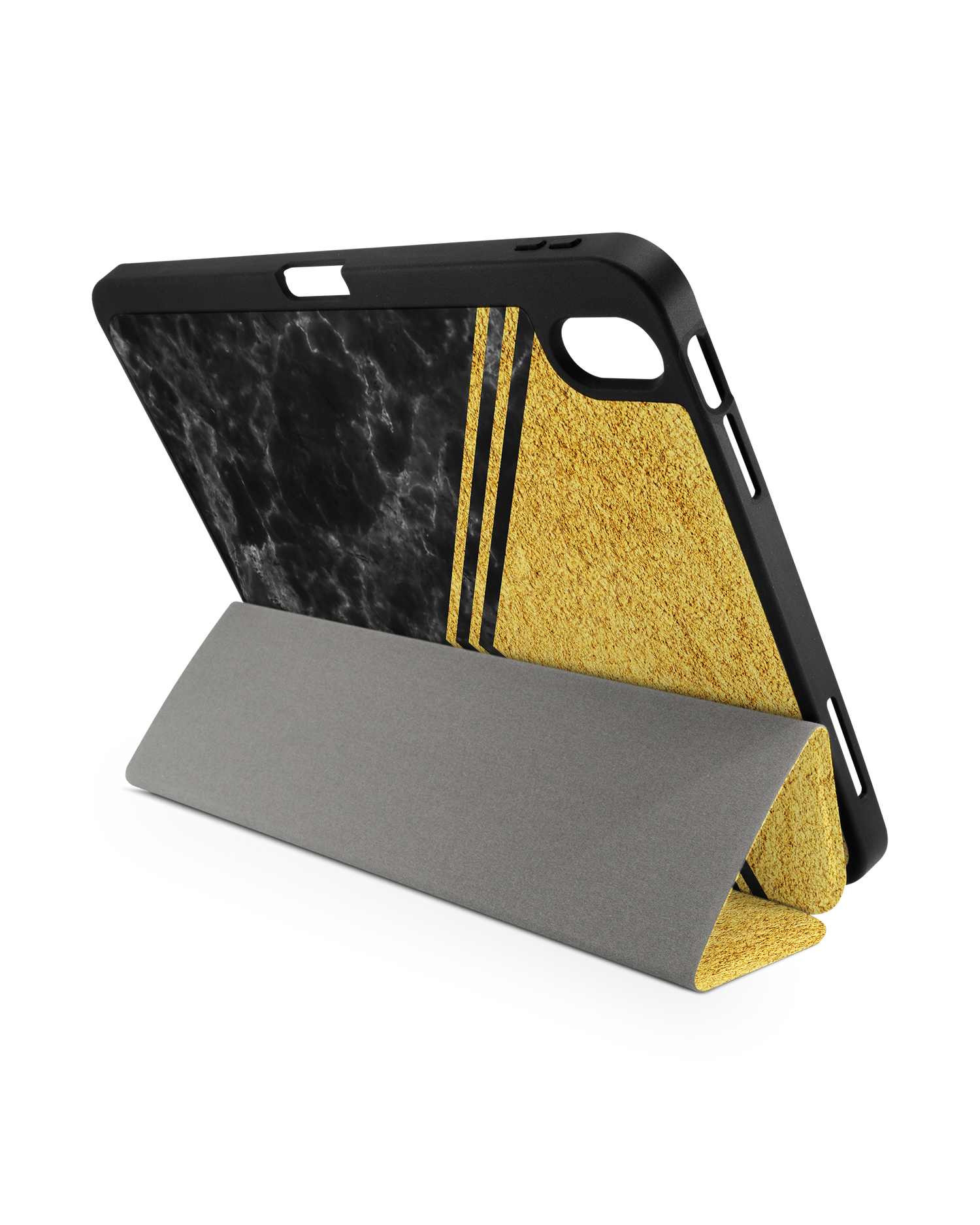 Gold Marble iPad Case with Pencil Holder for Apple iPad (10th Generation): Set up in landscape format (back view)