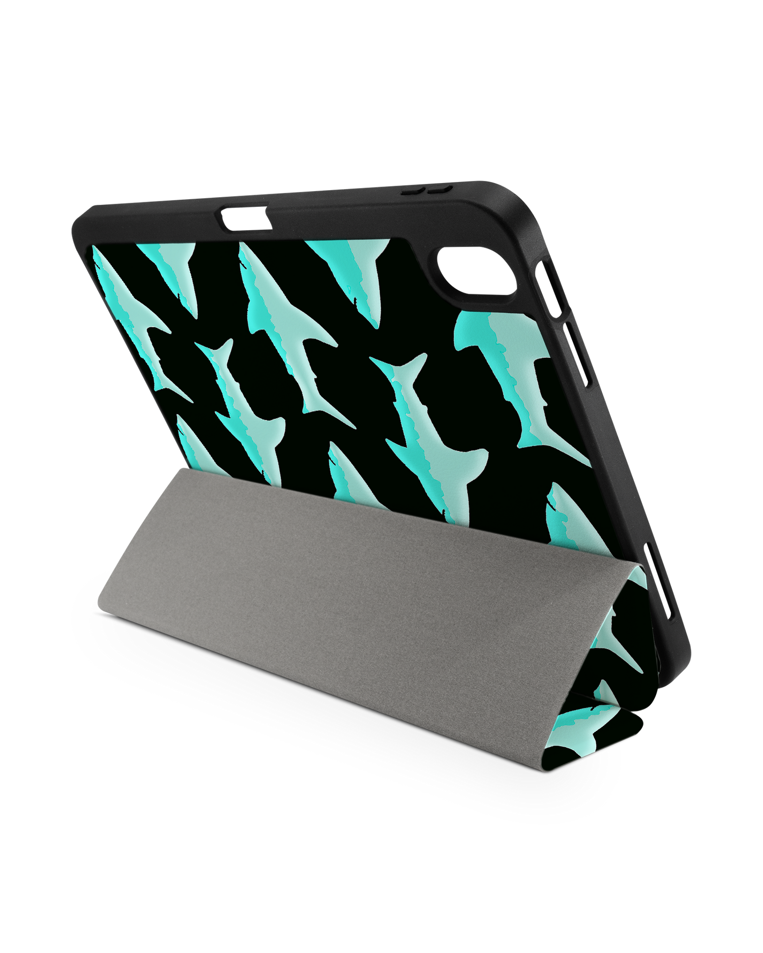 Neon Sharks iPad Case with Pencil Holder for Apple iPad (10th Generation): Set up in landscape format (back view)