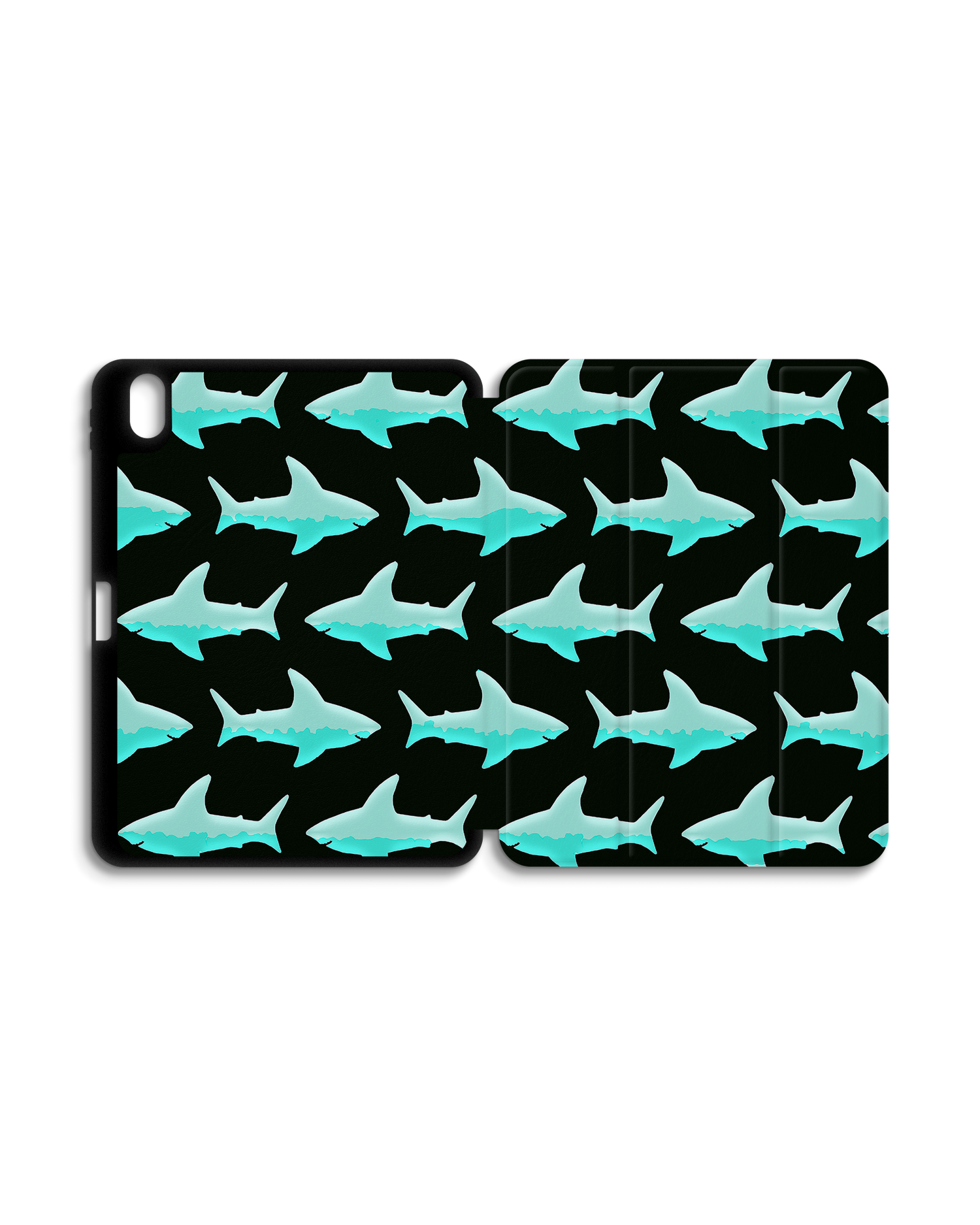 Neon Sharks iPad Case with Pencil Holder for Apple iPad (10th Generation): Opened exterior view