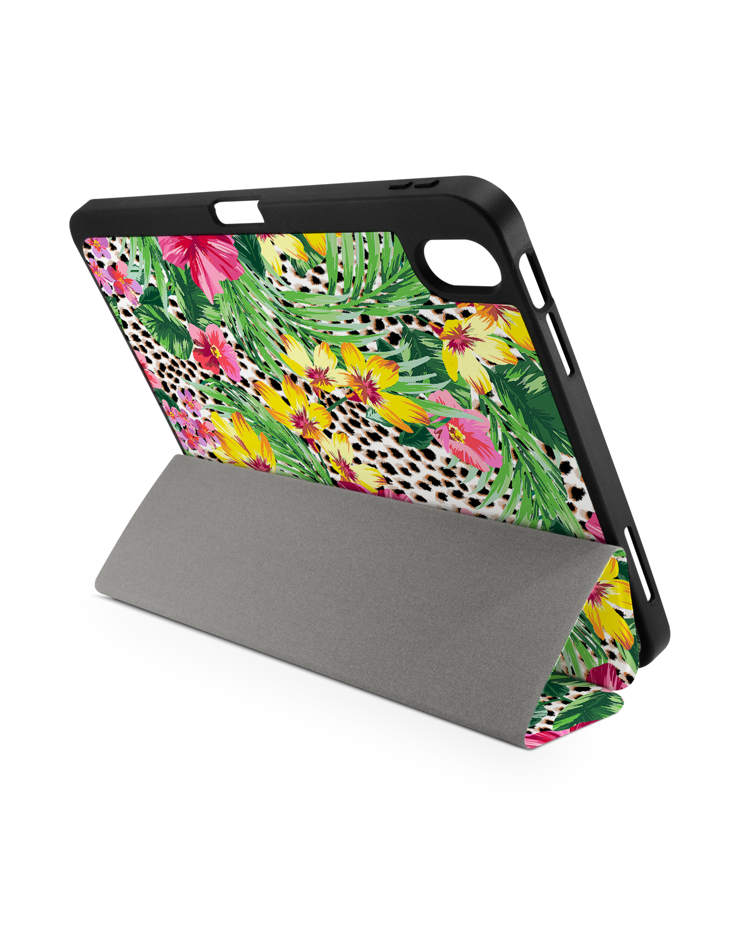 Tropical Cheetah iPad Case with Pencil Holder for Apple iPad (10th Generation): Set up in landscape format (back view)