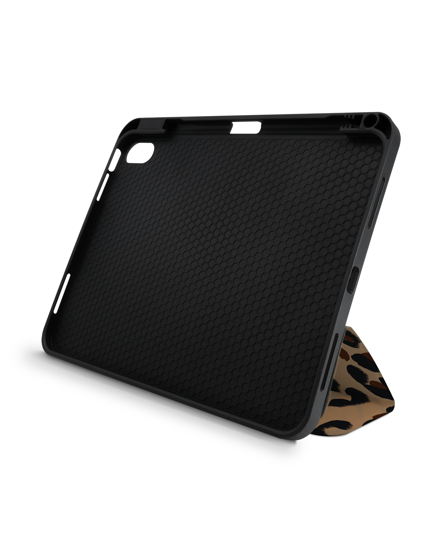Leopard Repeat iPad Case with Pencil Holder for Apple iPad (10th Generation): Set up in landscape format (front view)