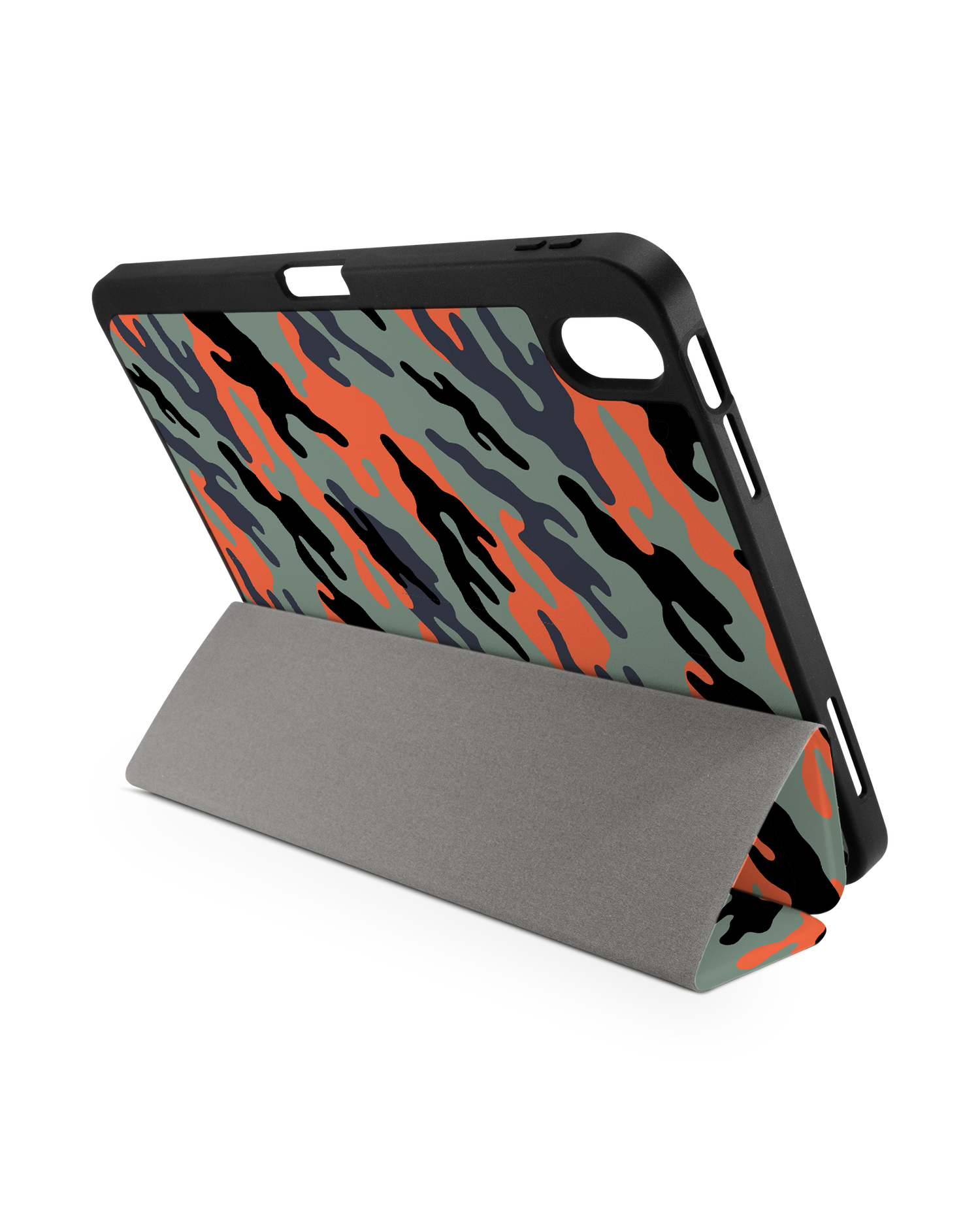 Camo Sunset iPad Case with Pencil Holder for Apple iPad (10th Generation): Set up in landscape format (back view)