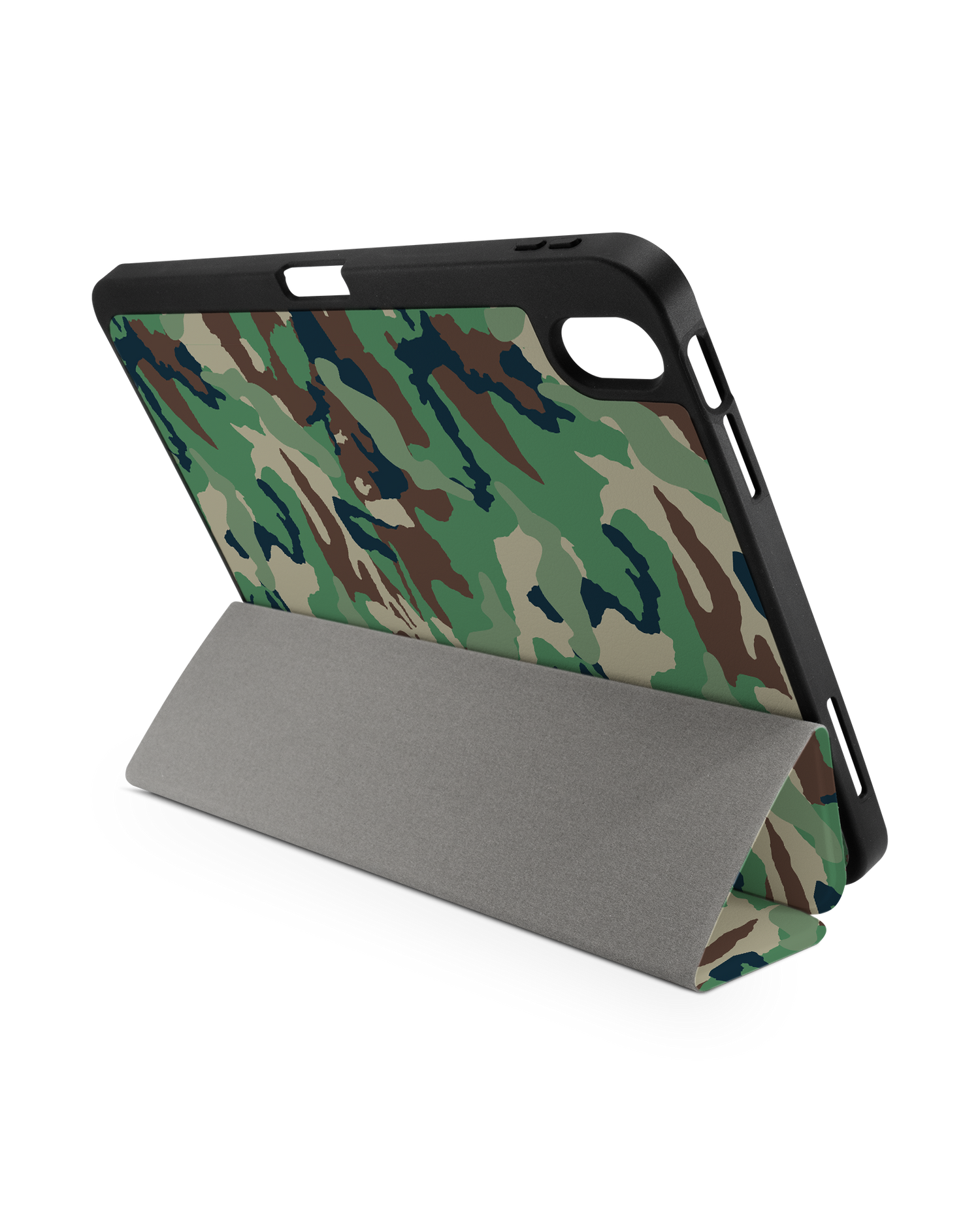 Green and Brown Camo iPad Case with Pencil Holder for Apple iPad (10th Generation): Set up in landscape format (back view)