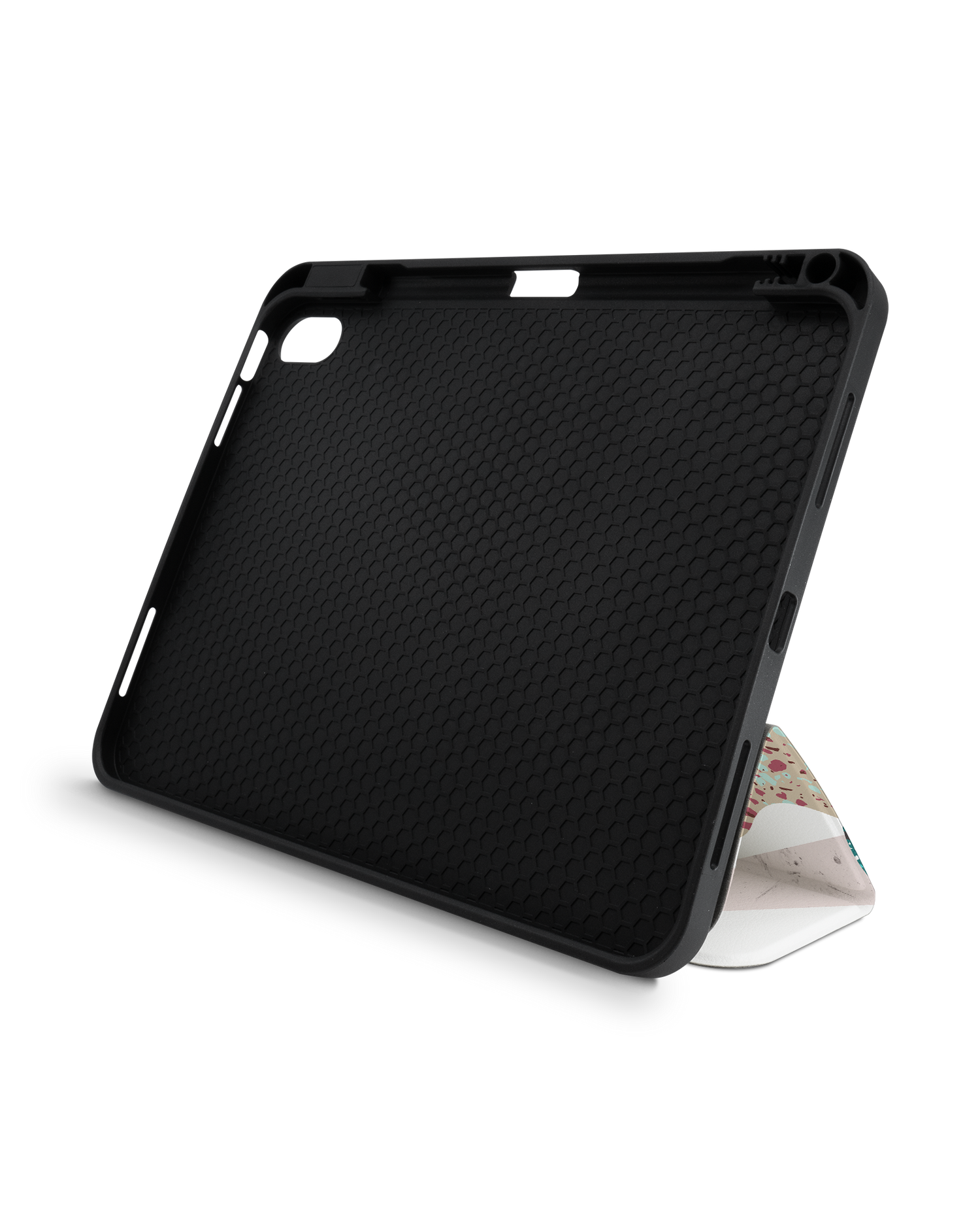 Scattered Shapes iPad Case with Pencil Holder for Apple iPad (10th Generation): Set up in landscape format (front view)
