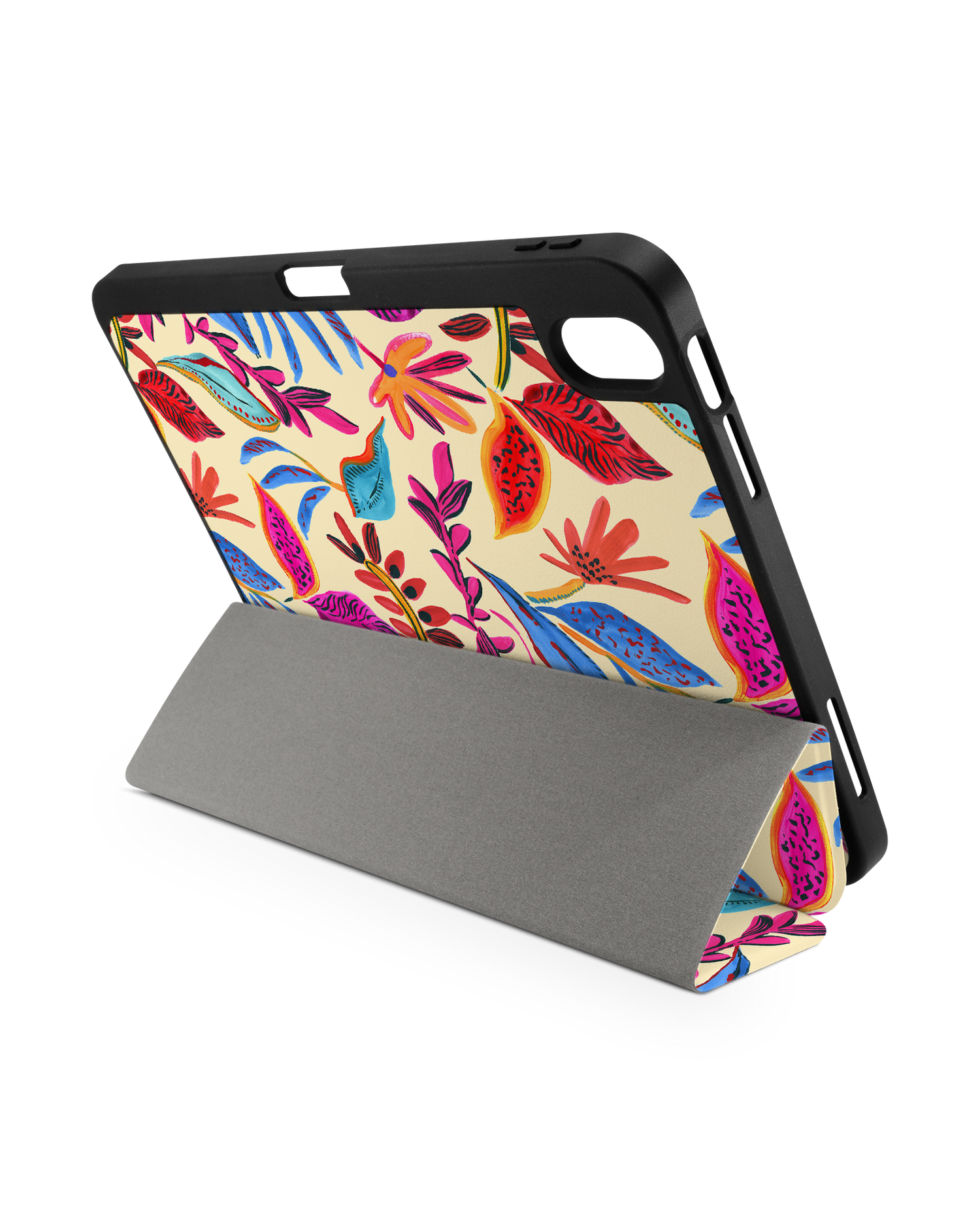 Painterly Spring Leaves iPad Case with Pencil Holder for Apple iPad (10th Generation): Set up in landscape format (back view)