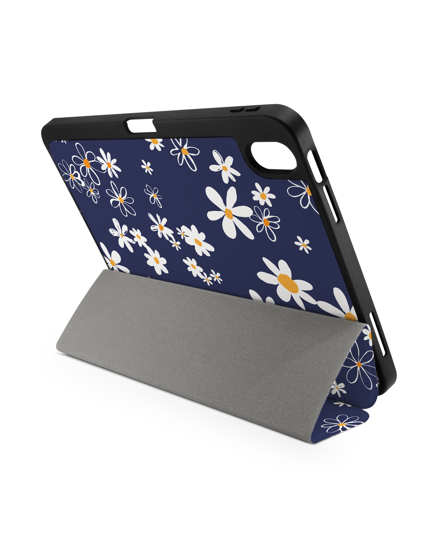 Navy Daisies iPad Case with Pencil Holder for Apple iPad (10th Generation): Set up in landscape format (back view)