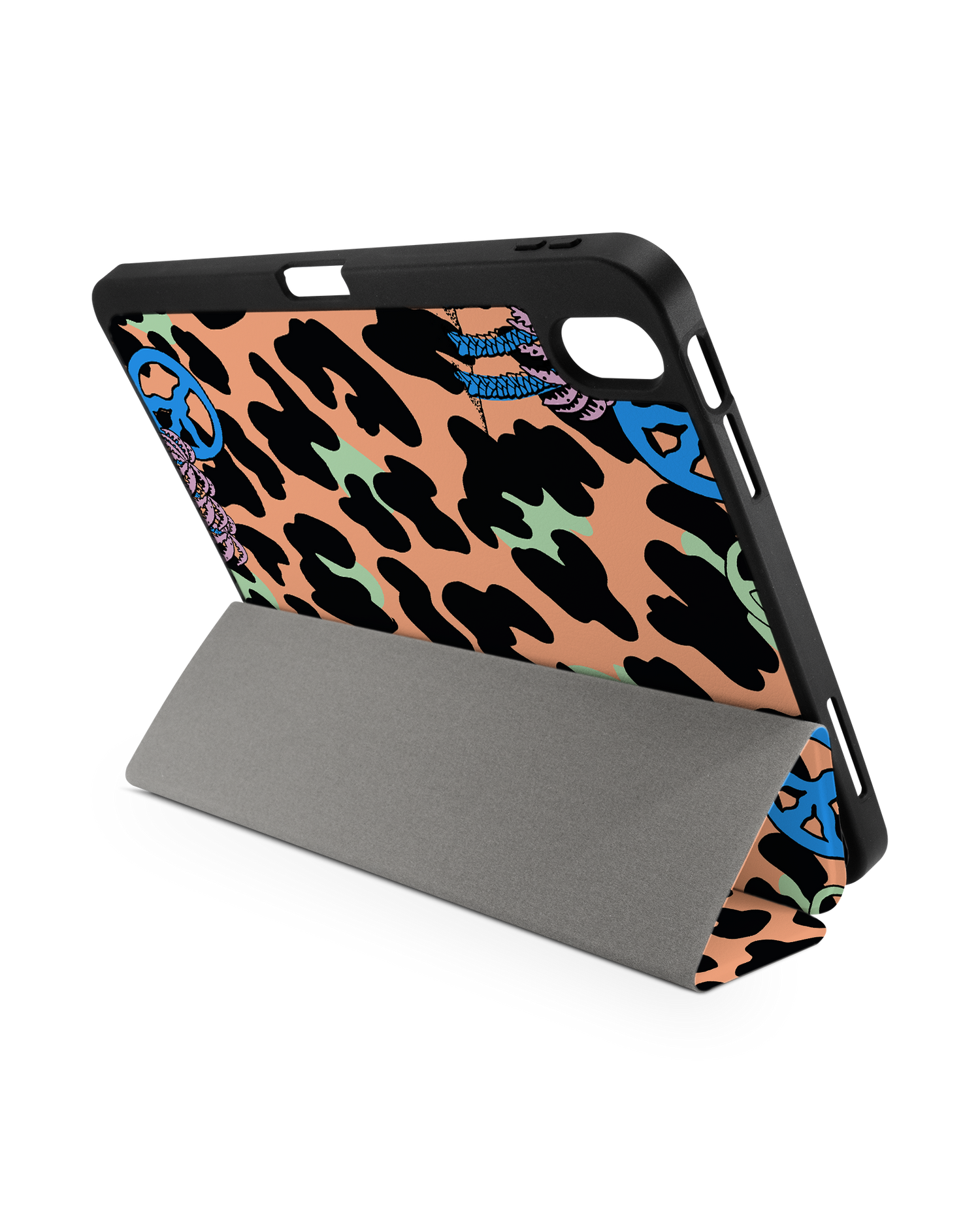 Leopard Peace Palms iPad Case with Pencil Holder for Apple iPad (10th Generation): Set up in landscape format (back view)