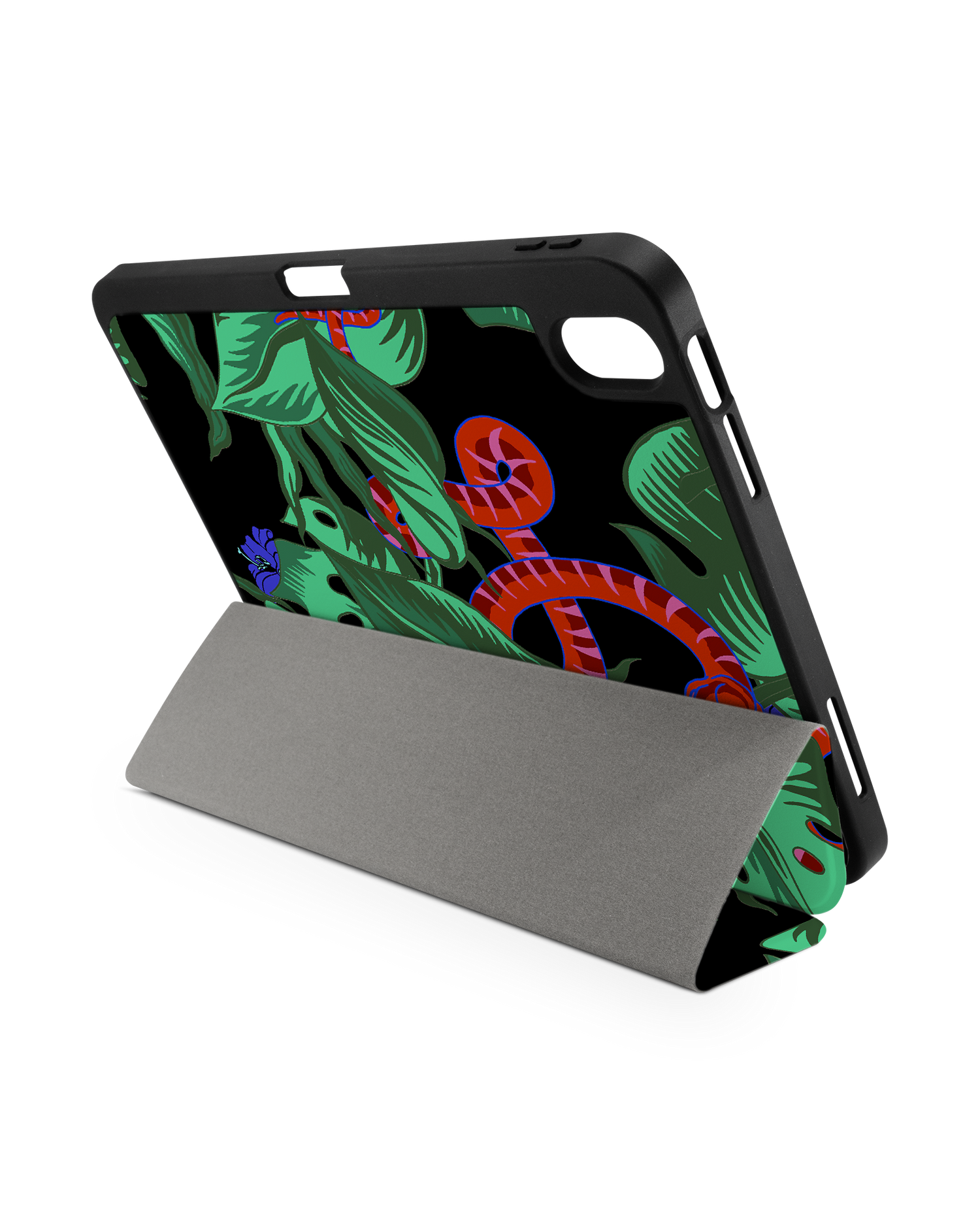 Tropical Snakes iPad Case with Pencil Holder for Apple iPad (10th Generation): Set up in landscape format (back view)
