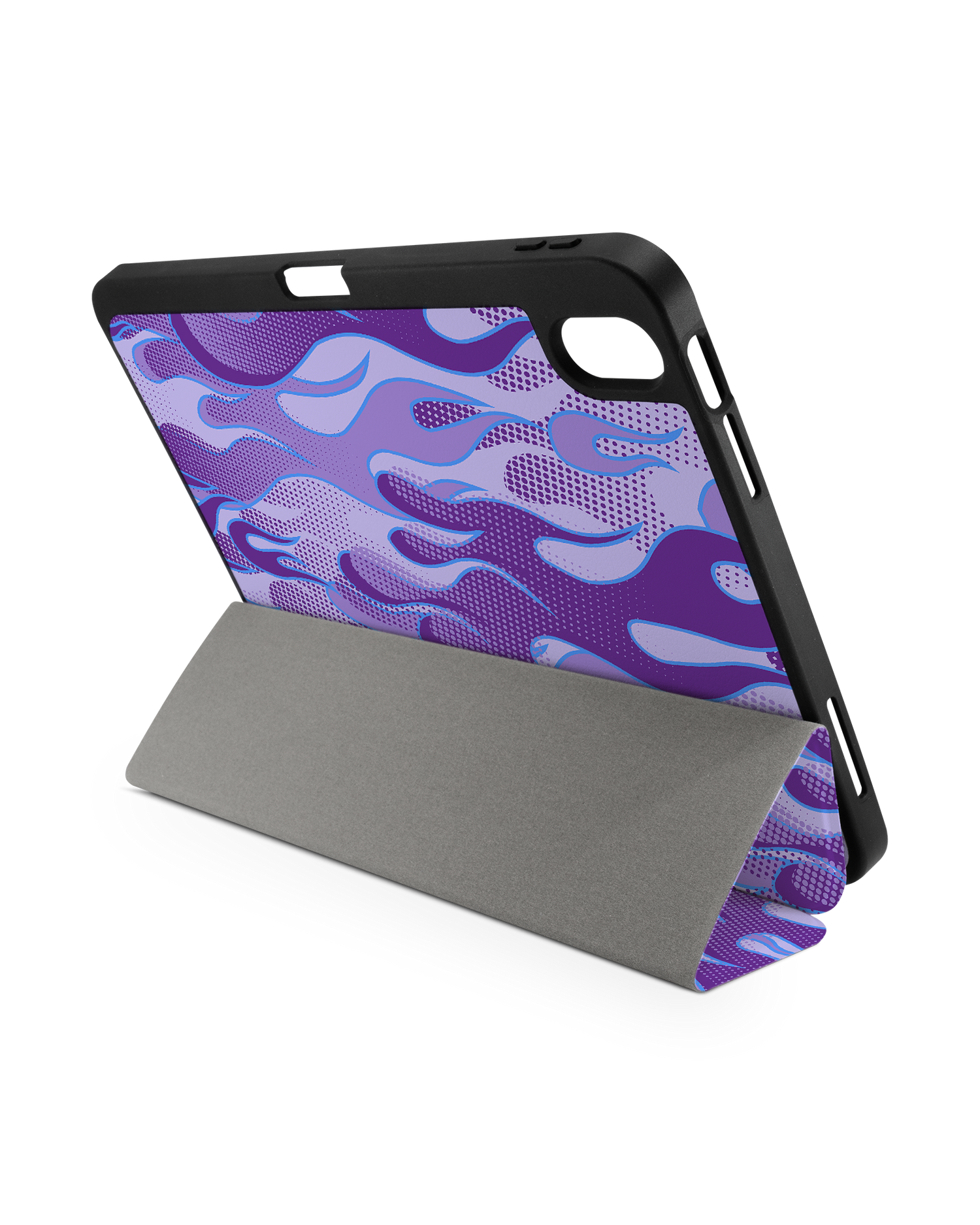 Purple Flames iPad Case with Pencil Holder for Apple iPad (10th Generation): Set up in landscape format (back view)