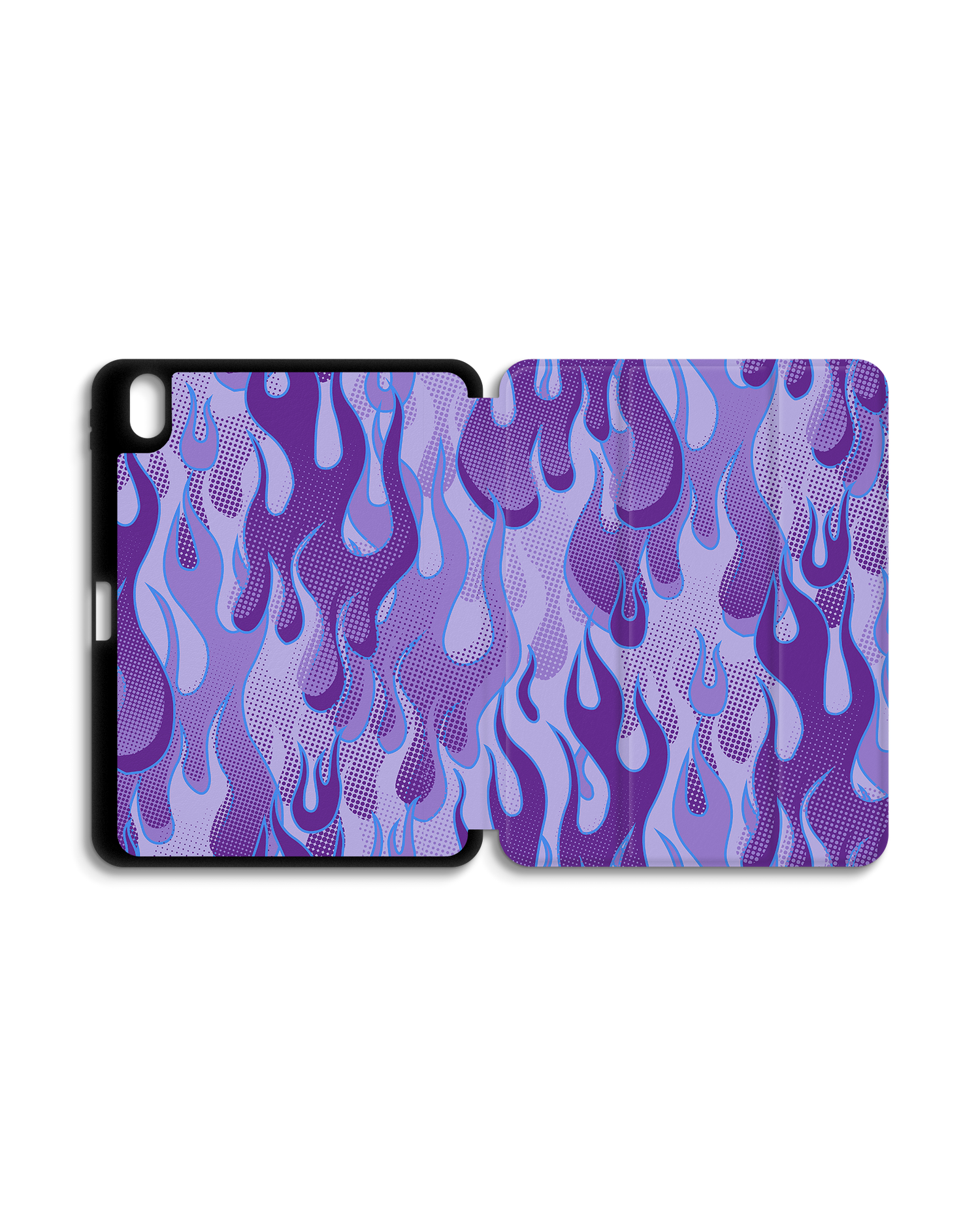 Purple Flames iPad Case with Pencil Holder for Apple iPad (10th Generation): Opened exterior view