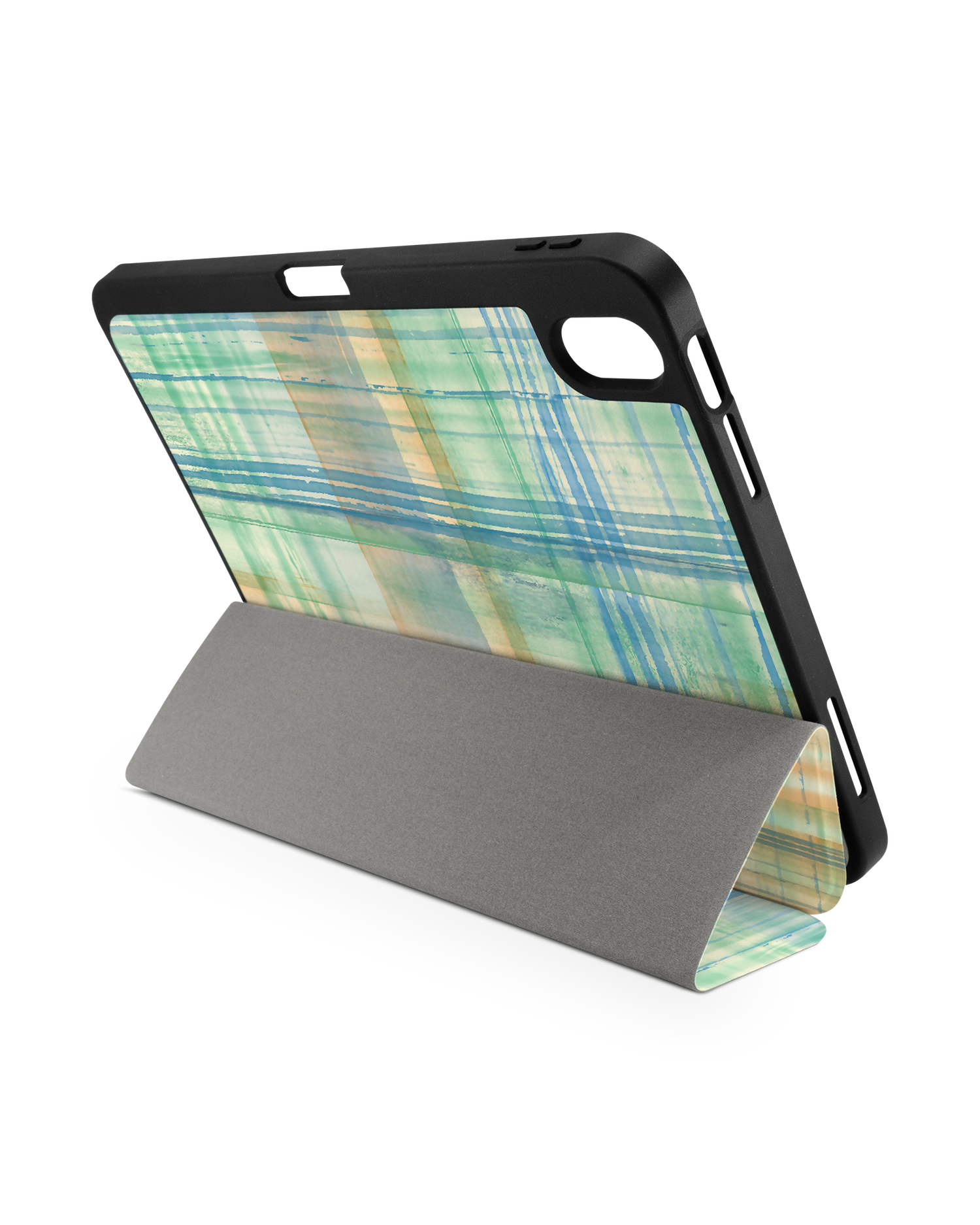 Washed Out Plaid iPad Case with Pencil Holder for Apple iPad (10th Generation): Set up in landscape format (back view)