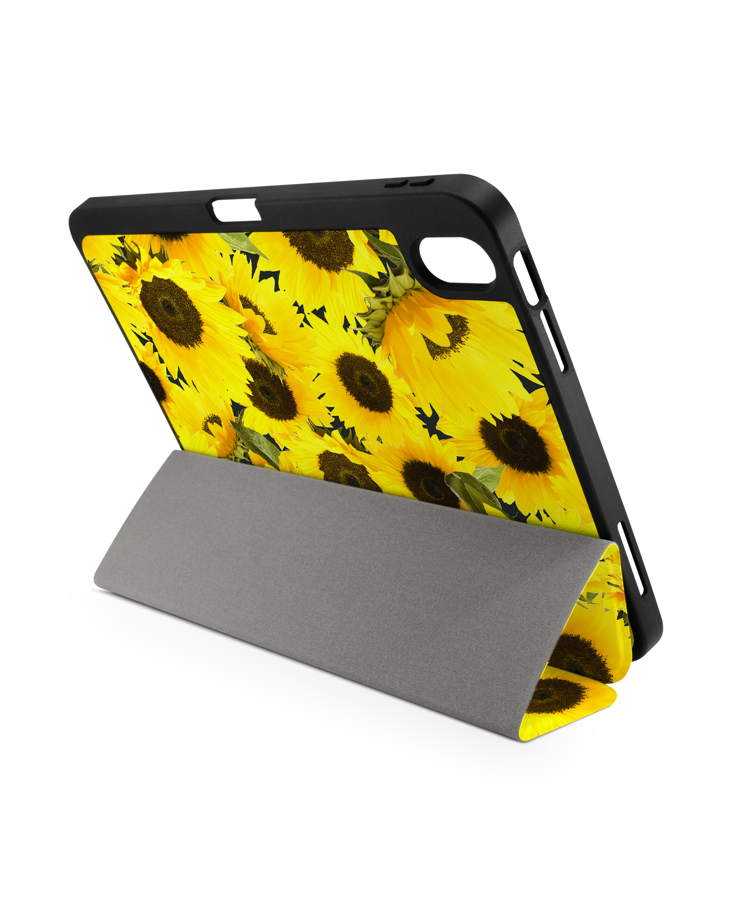 Sunflowers iPad Case with Pencil Holder for Apple iPad (10th Generation): Set up in landscape format (back view)