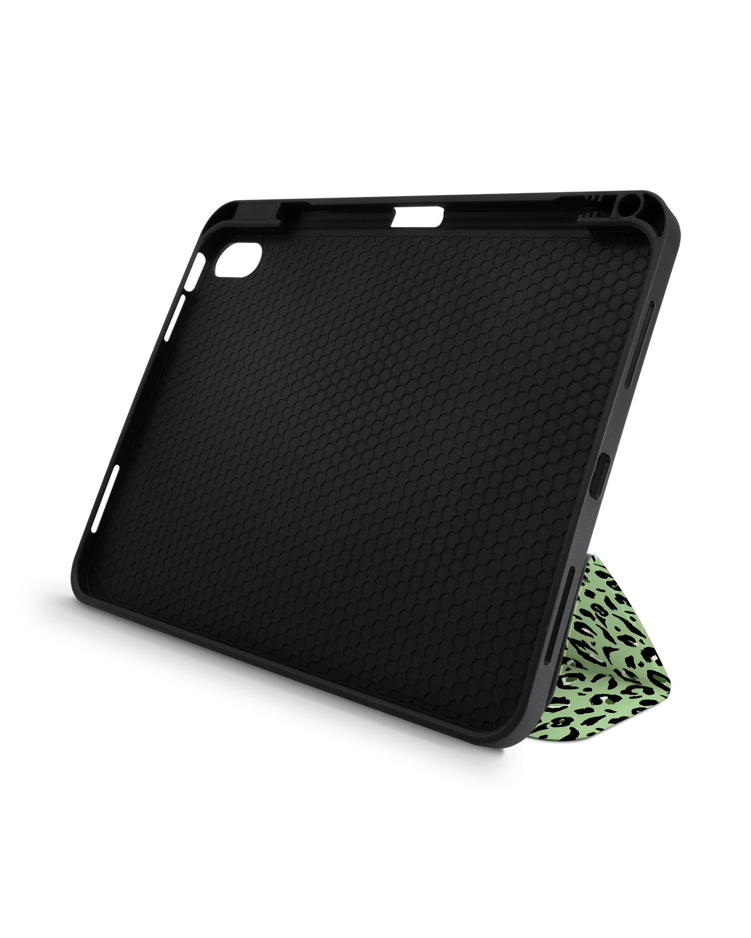 Mint Leopard iPad Case with Pencil Holder for Apple iPad (10th Generation): Set up in landscape format (front view)