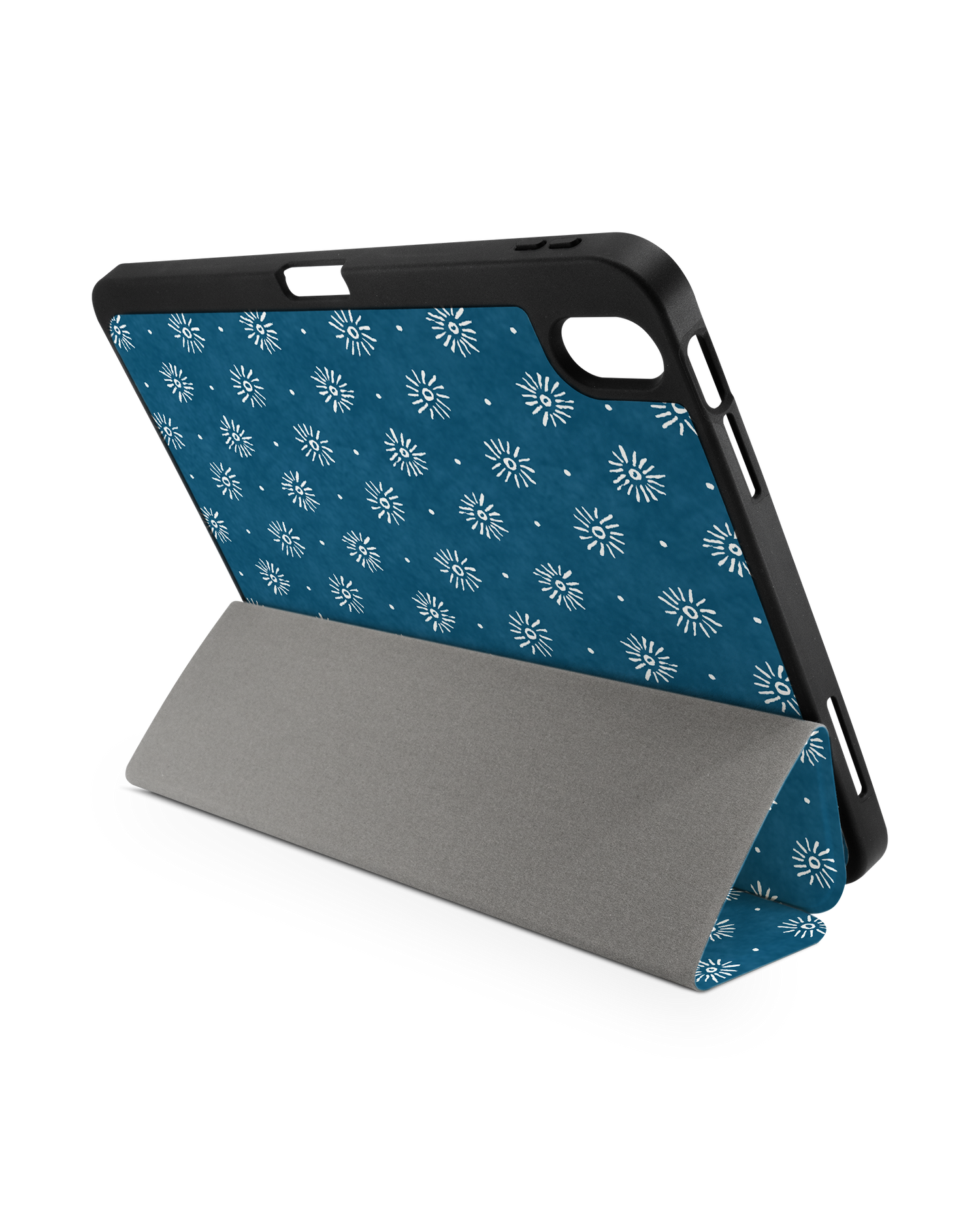Indigo Sun Pattern iPad Case with Pencil Holder for Apple iPad (10th Generation): Set up in landscape format (back view)