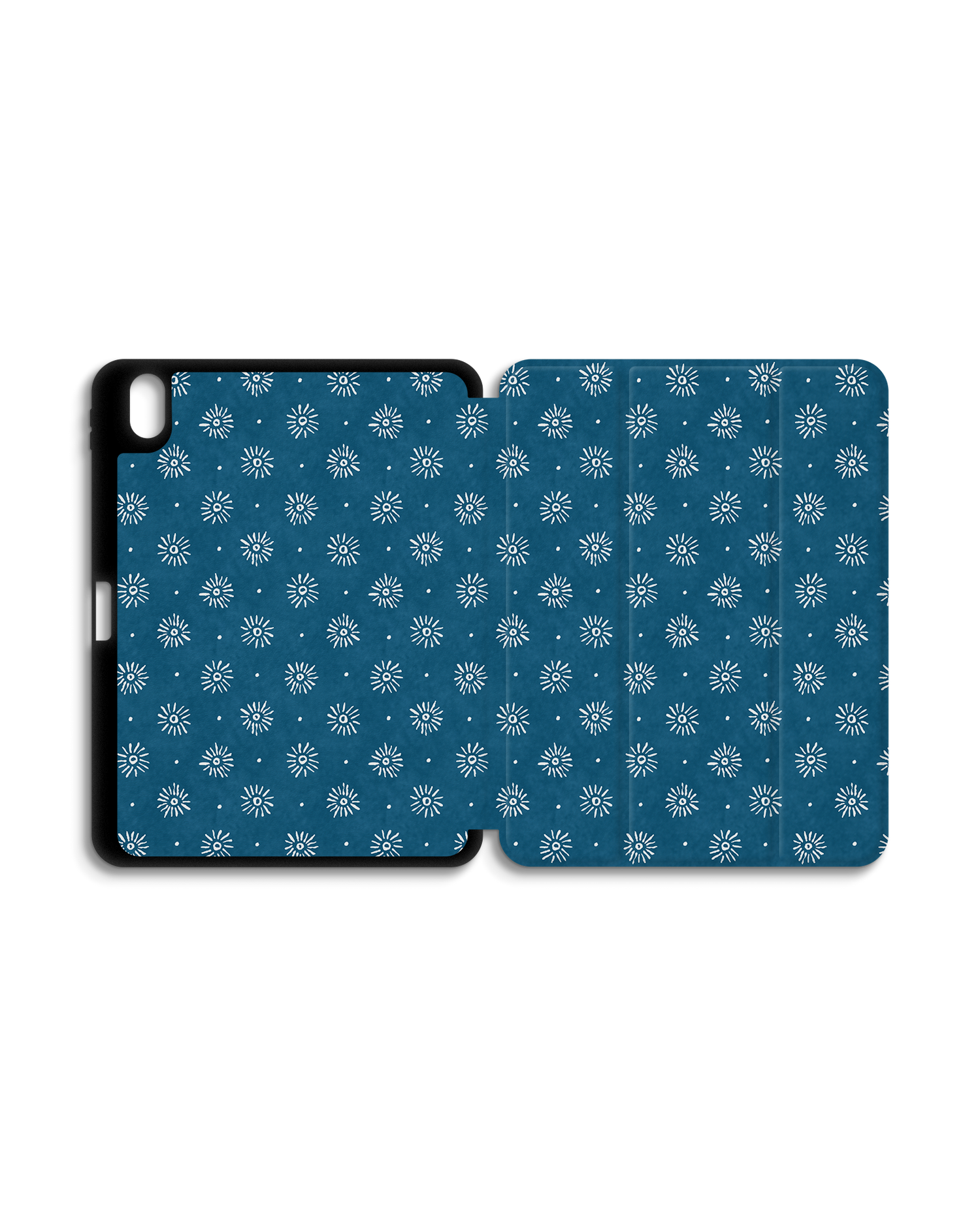 Indigo Sun Pattern iPad Case with Pencil Holder for Apple iPad (10th Generation): Opened exterior view