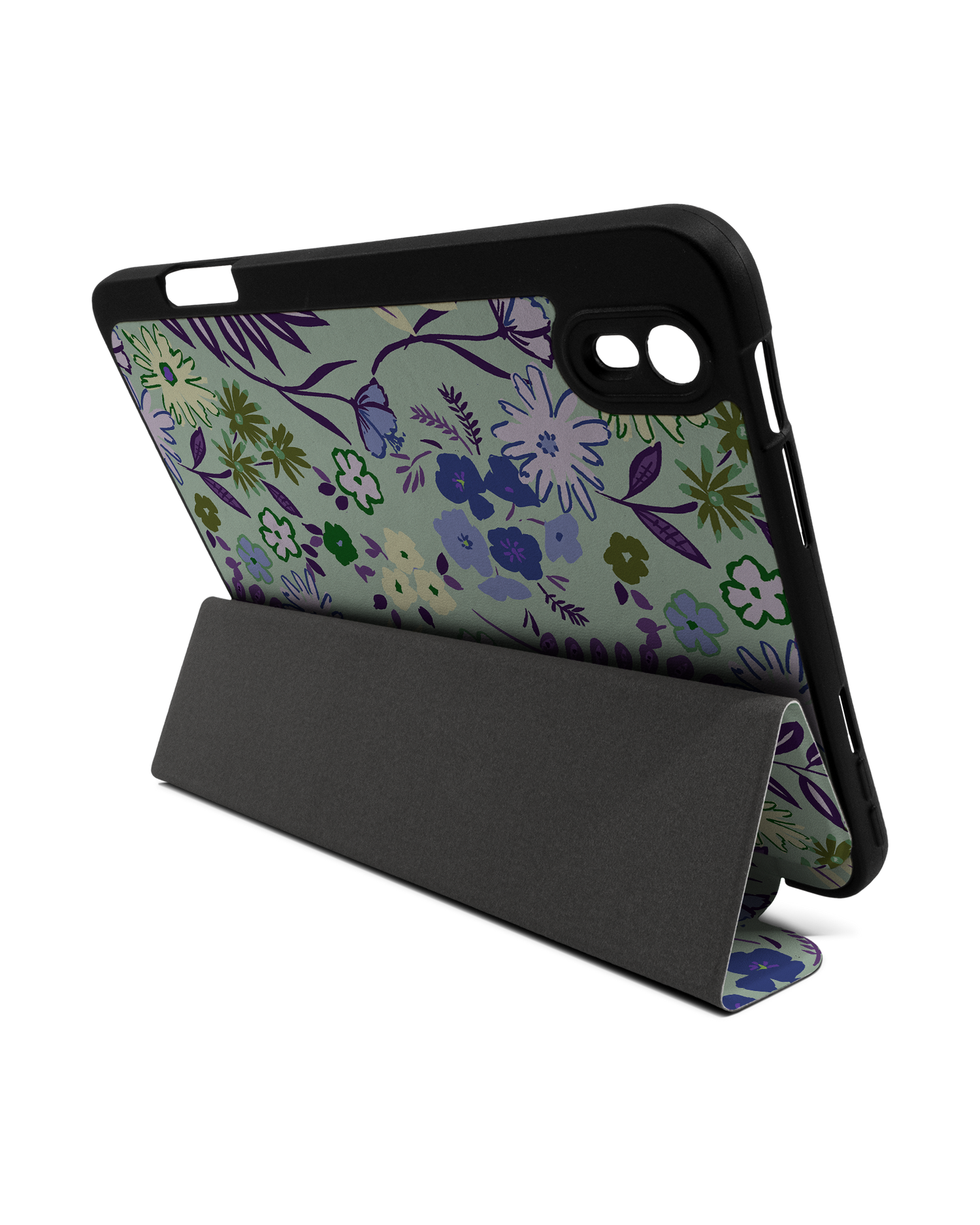 Pretty Purple Flowers iPad Case with Pencil Holder Apple iPad mini 6 (2021): Set up in landscape format (back view)