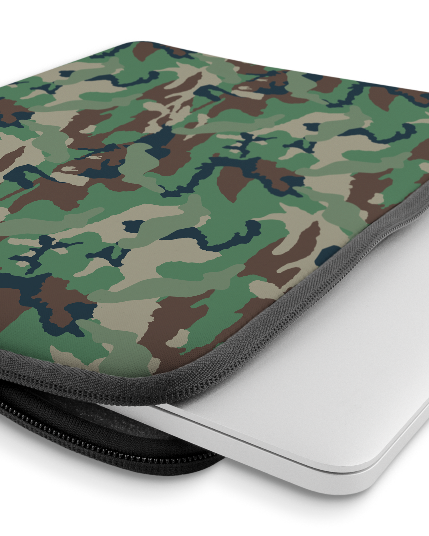 Green and Brown Camo Laptop Case 14 inch with device inside