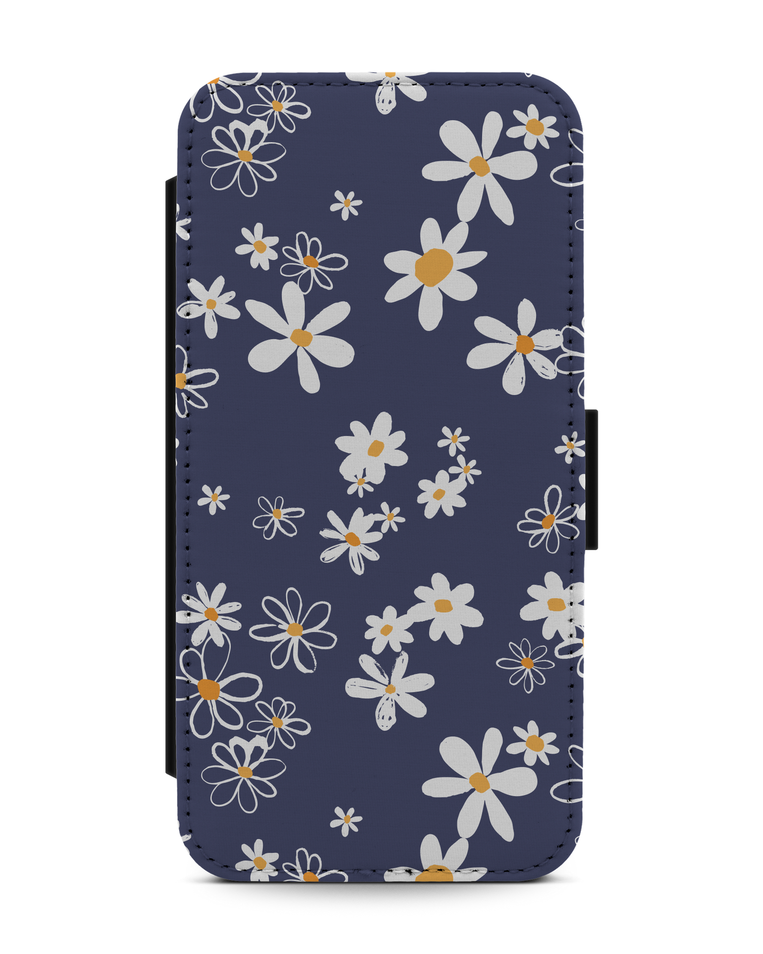 Navy Daisies Wallet Phone Case Apple iPhone 13: Front View