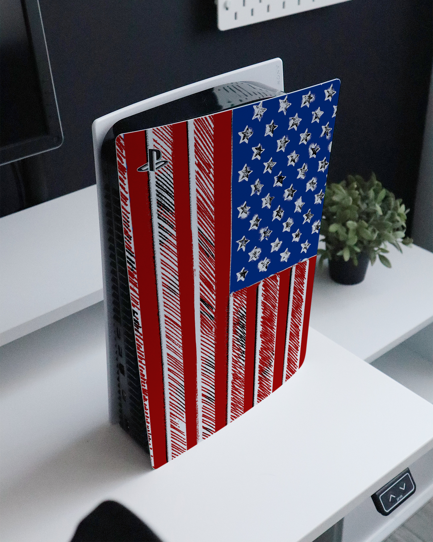 American Flag Color Console Skin for Sony PlayStation 5 Digital Edition standing on a sideboard 