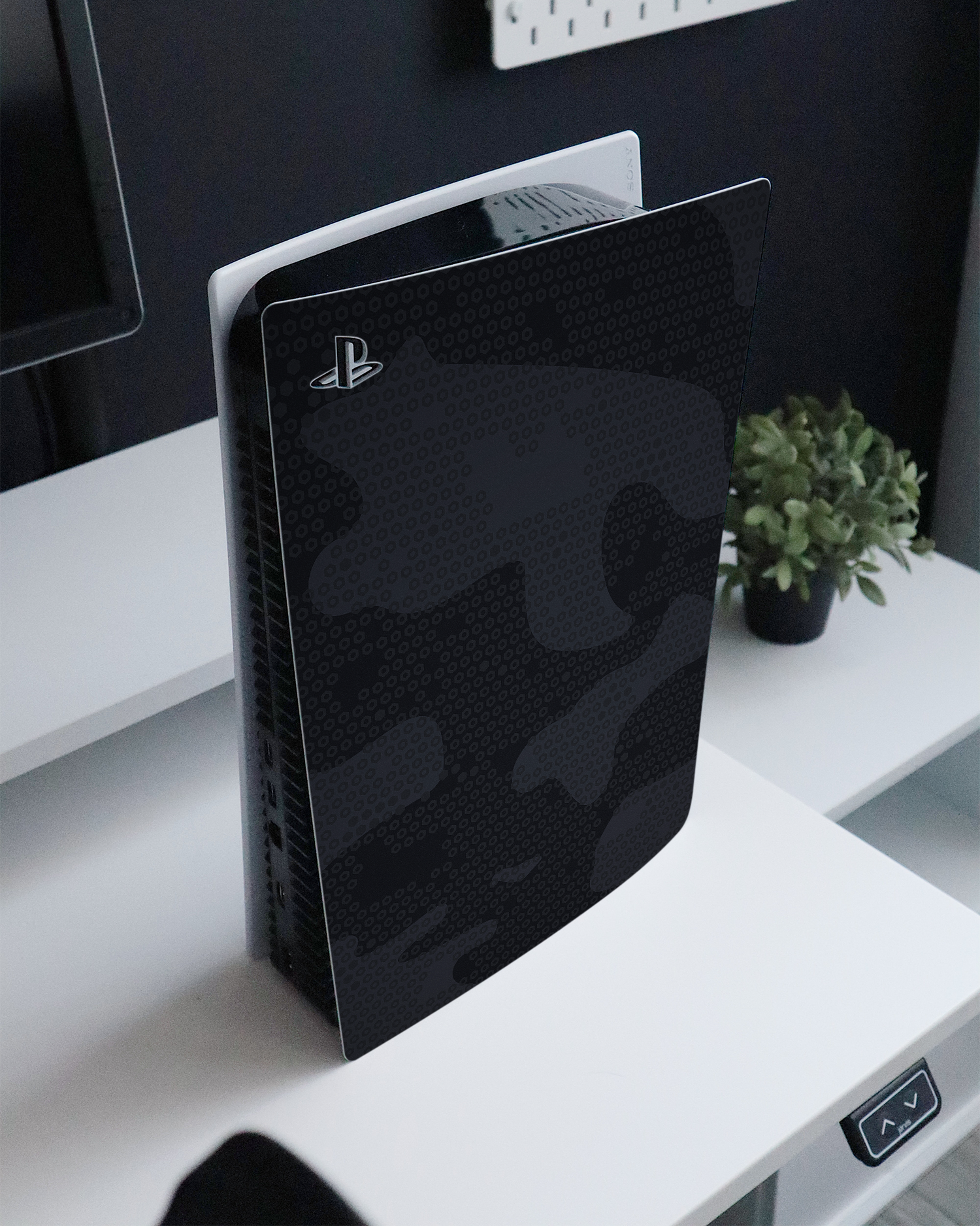 Spec Ops Dark Console Skin for Sony PlayStation 5 Digital Edition standing on a sideboard 