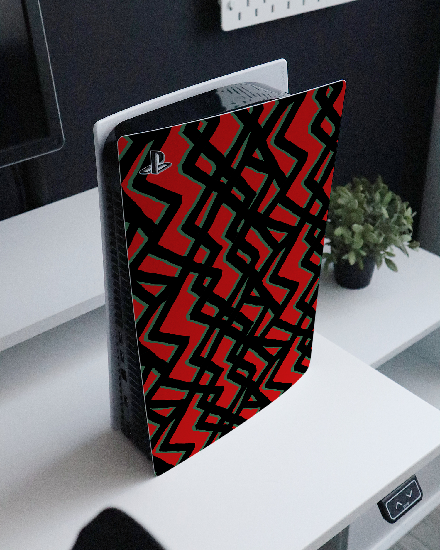 Fences Pattern Console Skin for Sony PlayStation 5 Digital Edition standing on a sideboard 