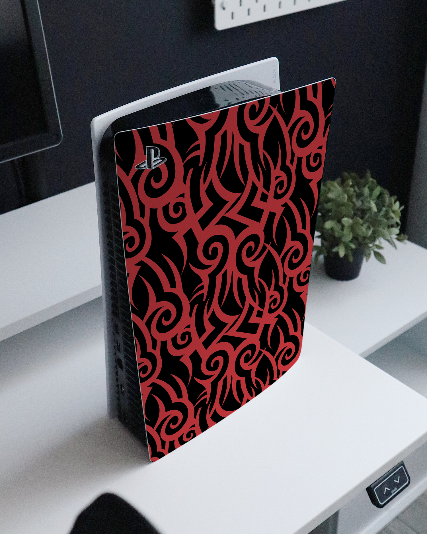 Tribal Pattern Console Skin for Sony PlayStation 5 Digital Edition standing on a sideboard 