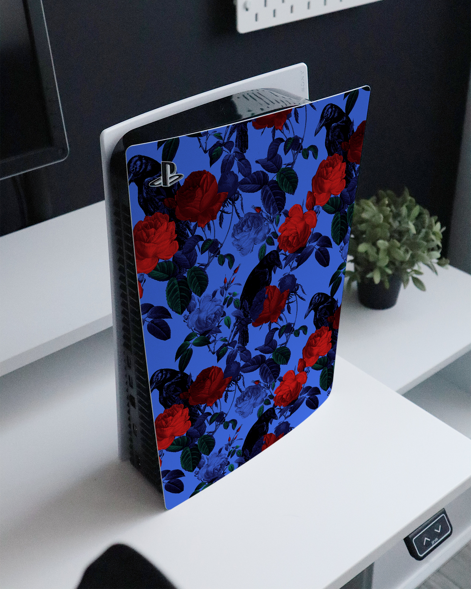 Roses And Ravens Console Skin for Sony PlayStation 5 Digital Edition standing on a sideboard 
