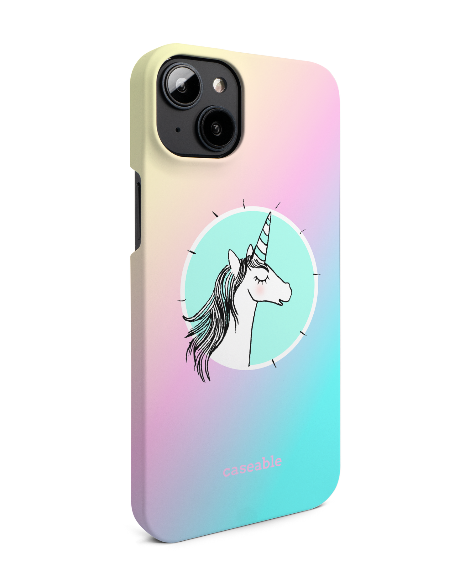 Happiness Unicorn Hard Shell Phone Case for Apple iPhone 14 Plus: View from the left side