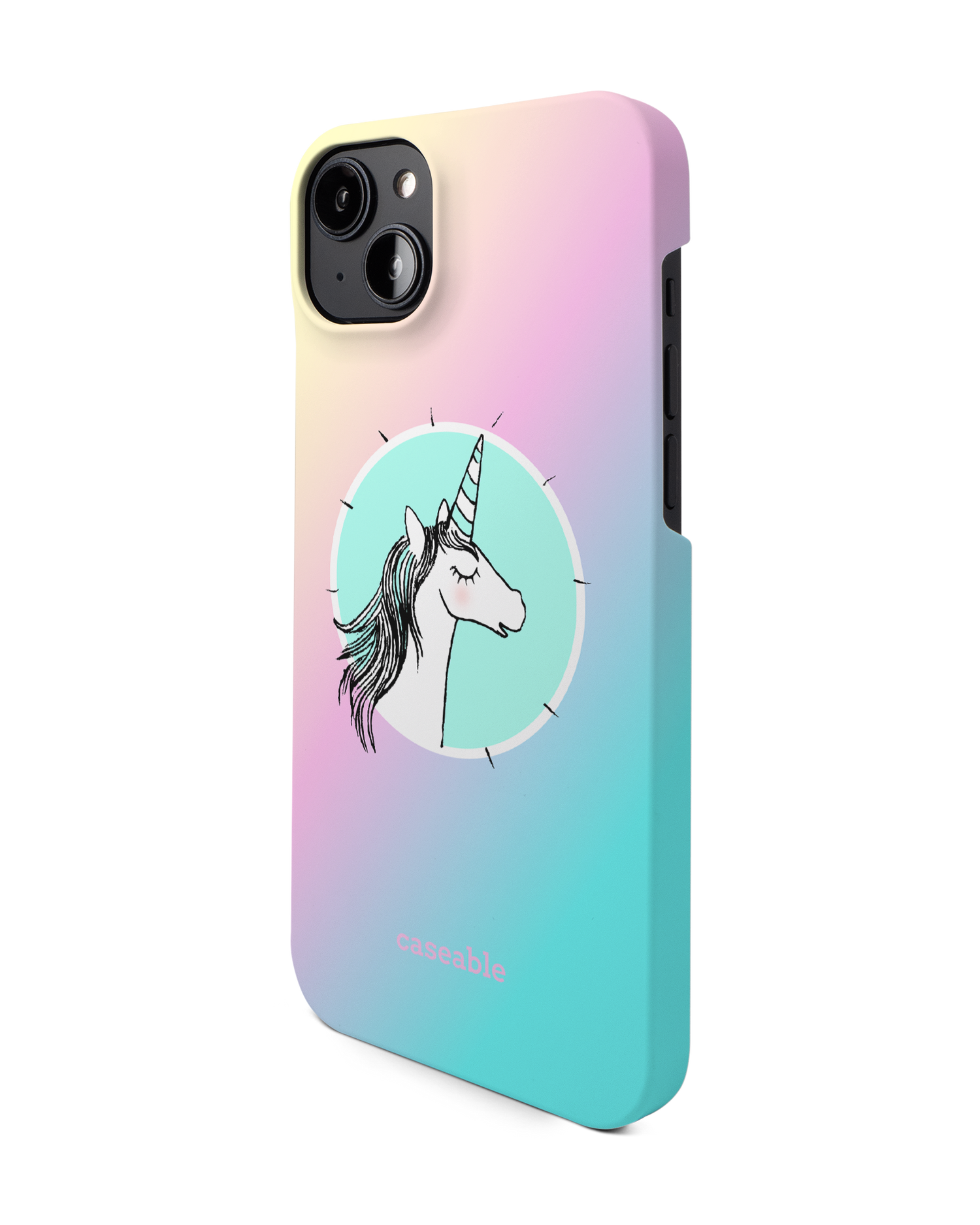 Happiness Unicorn Hard Shell Phone Case for Apple iPhone 14 Plus: View from the right side