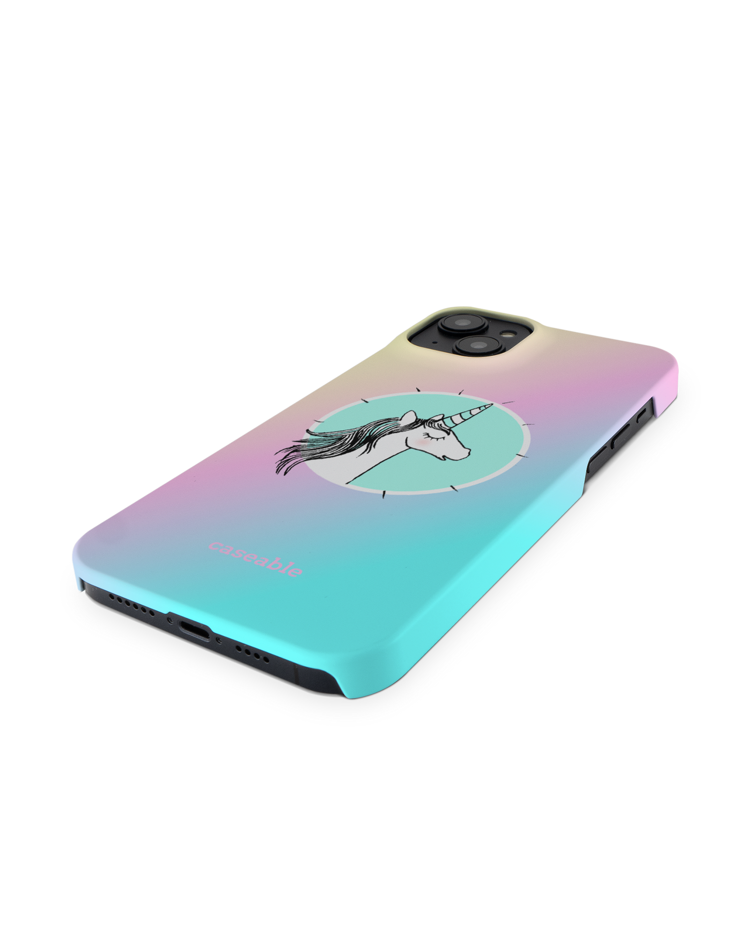 Happiness Unicorn Hard Shell Phone Case for Apple iPhone 14 Plus: Perspective view