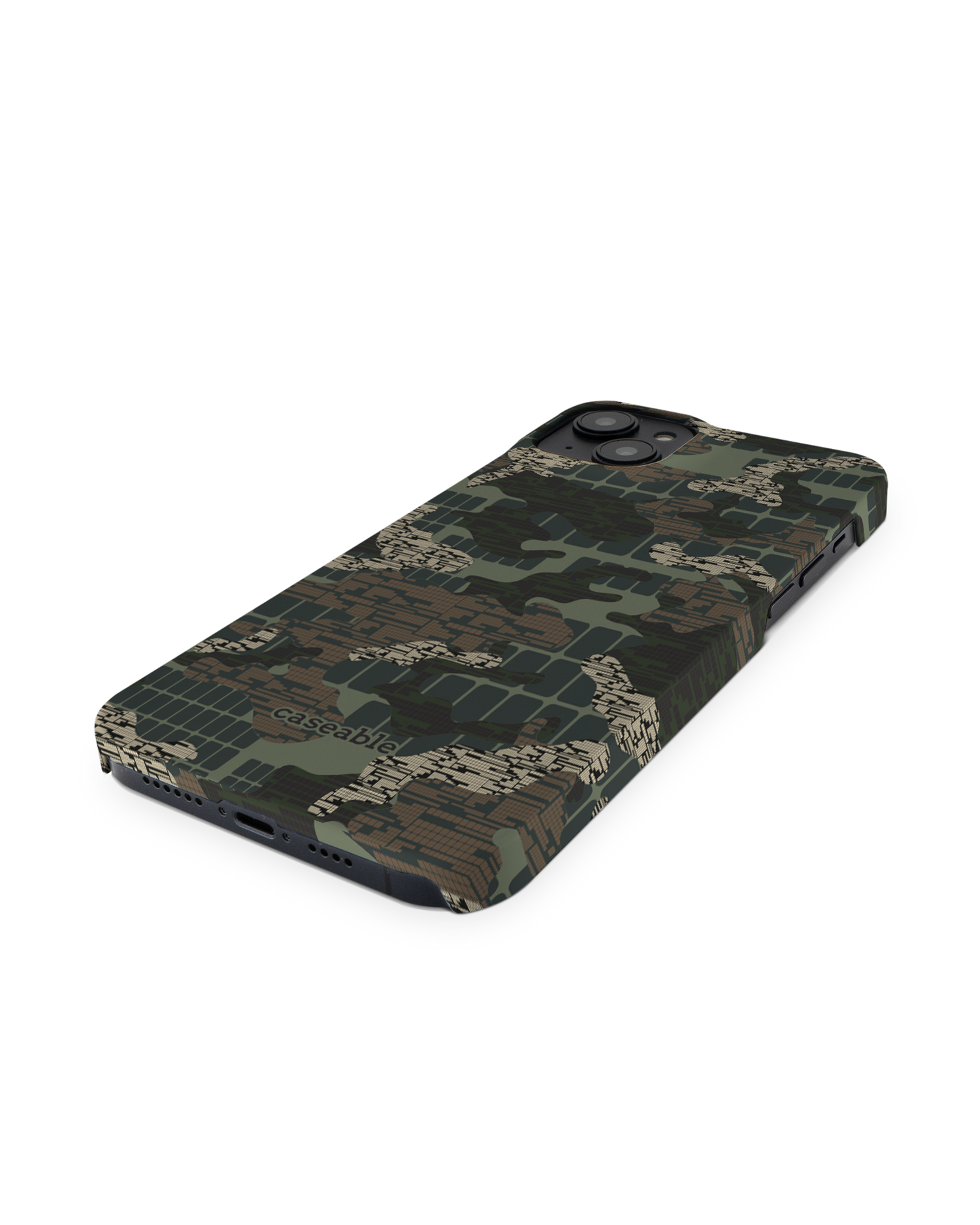 Green Camo Mix Hard Shell Phone Case for Apple iPhone 14 Plus: Perspective view
