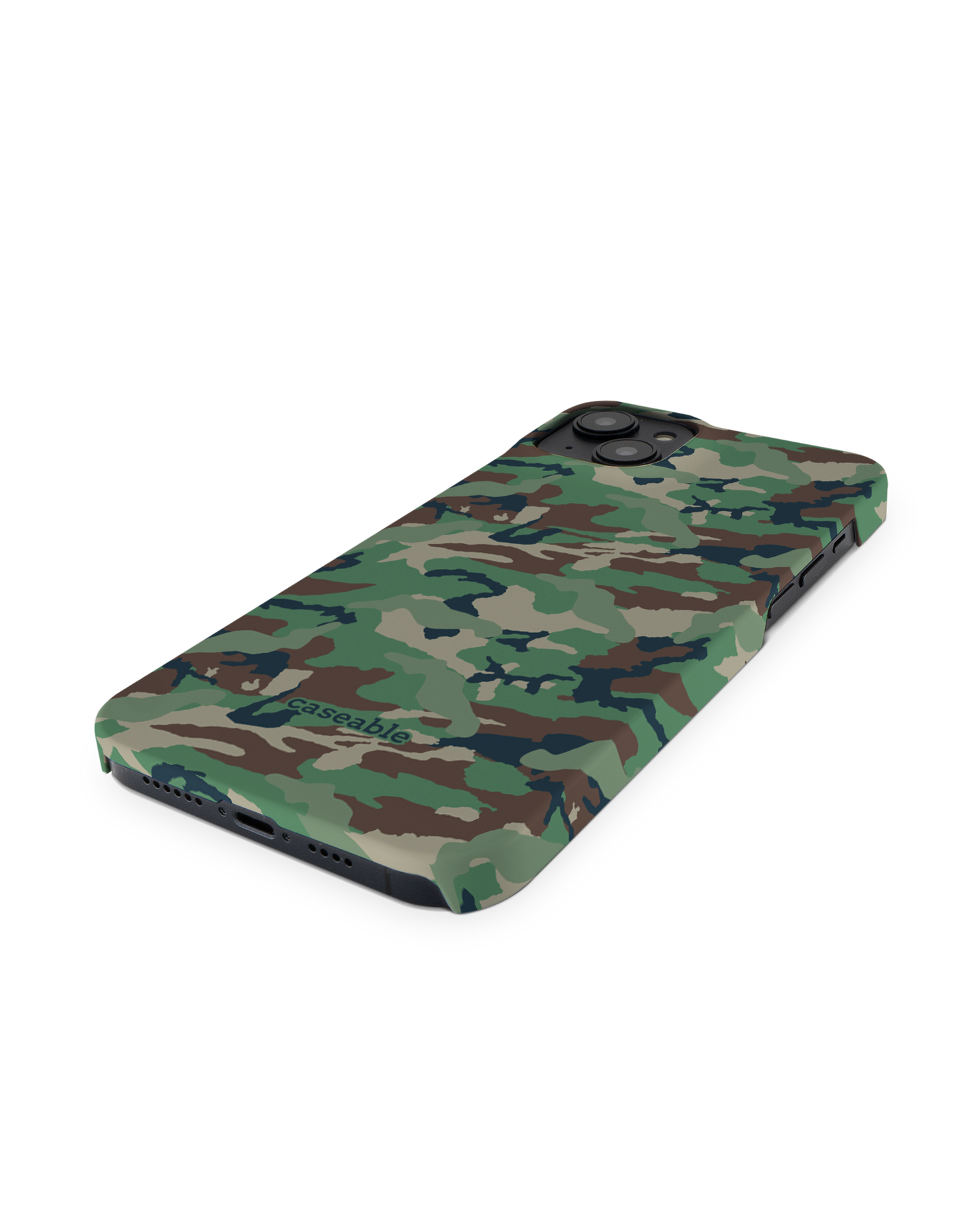 Green and Brown Camo Hard Shell Phone Case for Apple iPhone 14 Plus: Perspective view