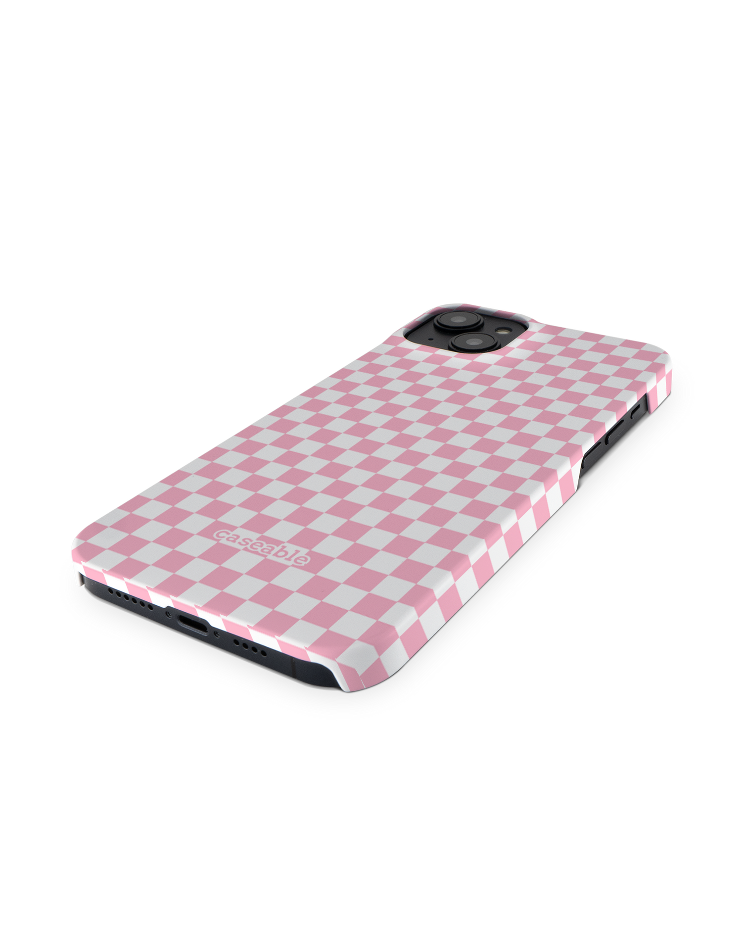 Pink Checkerboard Hard Shell Phone Case for Apple iPhone 14 Plus: Perspective view
