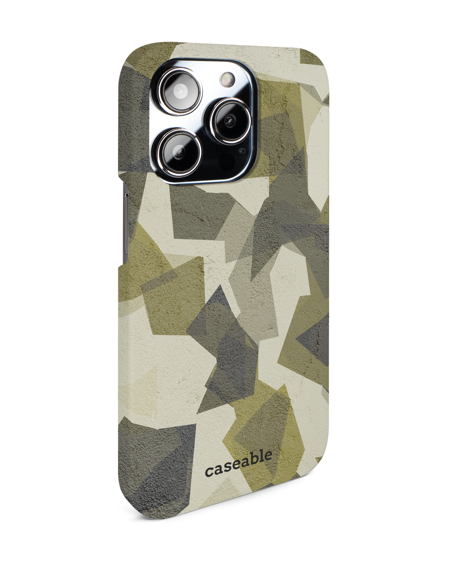 Geometric Camo Green Hard Shell Phone Case for Apple iPhone 14 Pro: View from the left side