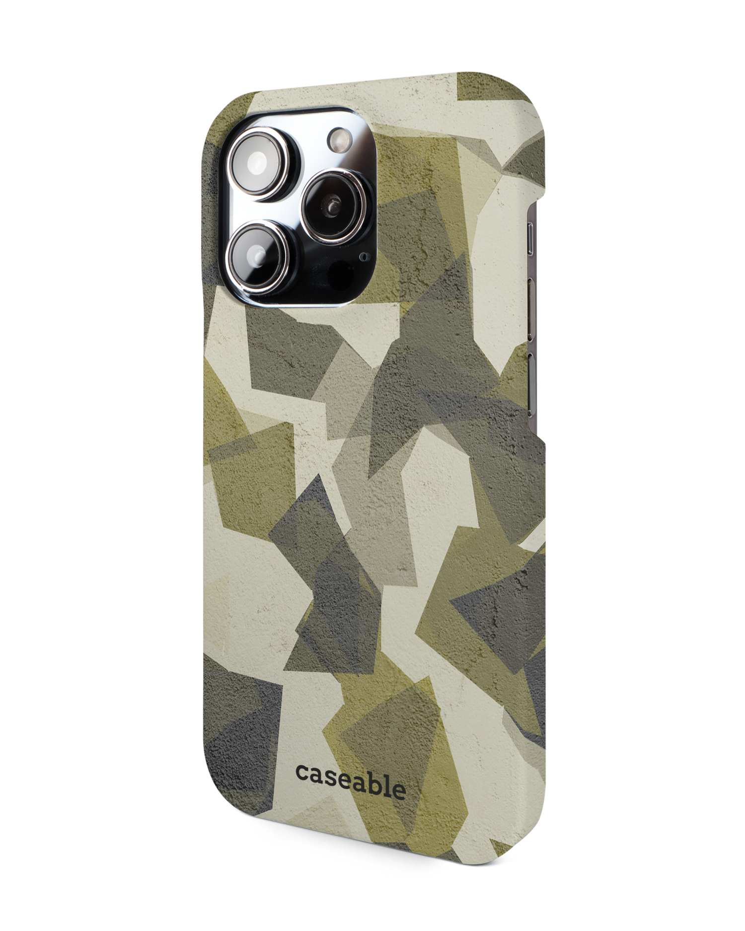 Geometric Camo Green Hard Shell Phone Case for Apple iPhone 14 Pro: View from the right side