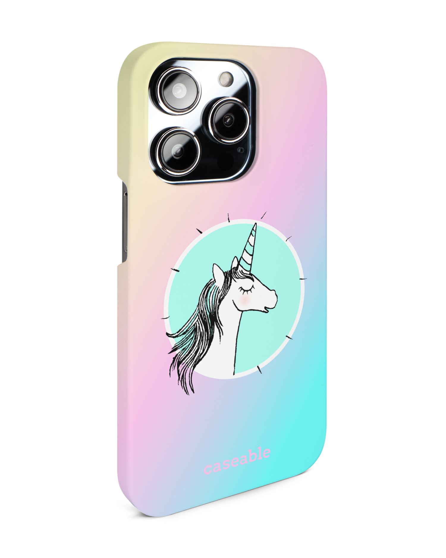 Happiness Unicorn Hard Shell Phone Case for Apple iPhone 14 Pro: View from the left side