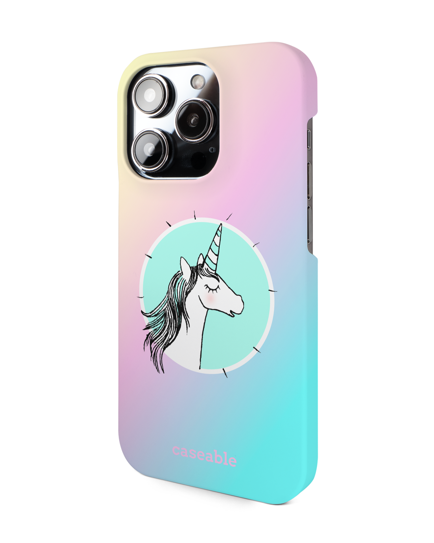Happiness Unicorn Hard Shell Phone Case for Apple iPhone 14 Pro: View from the right side