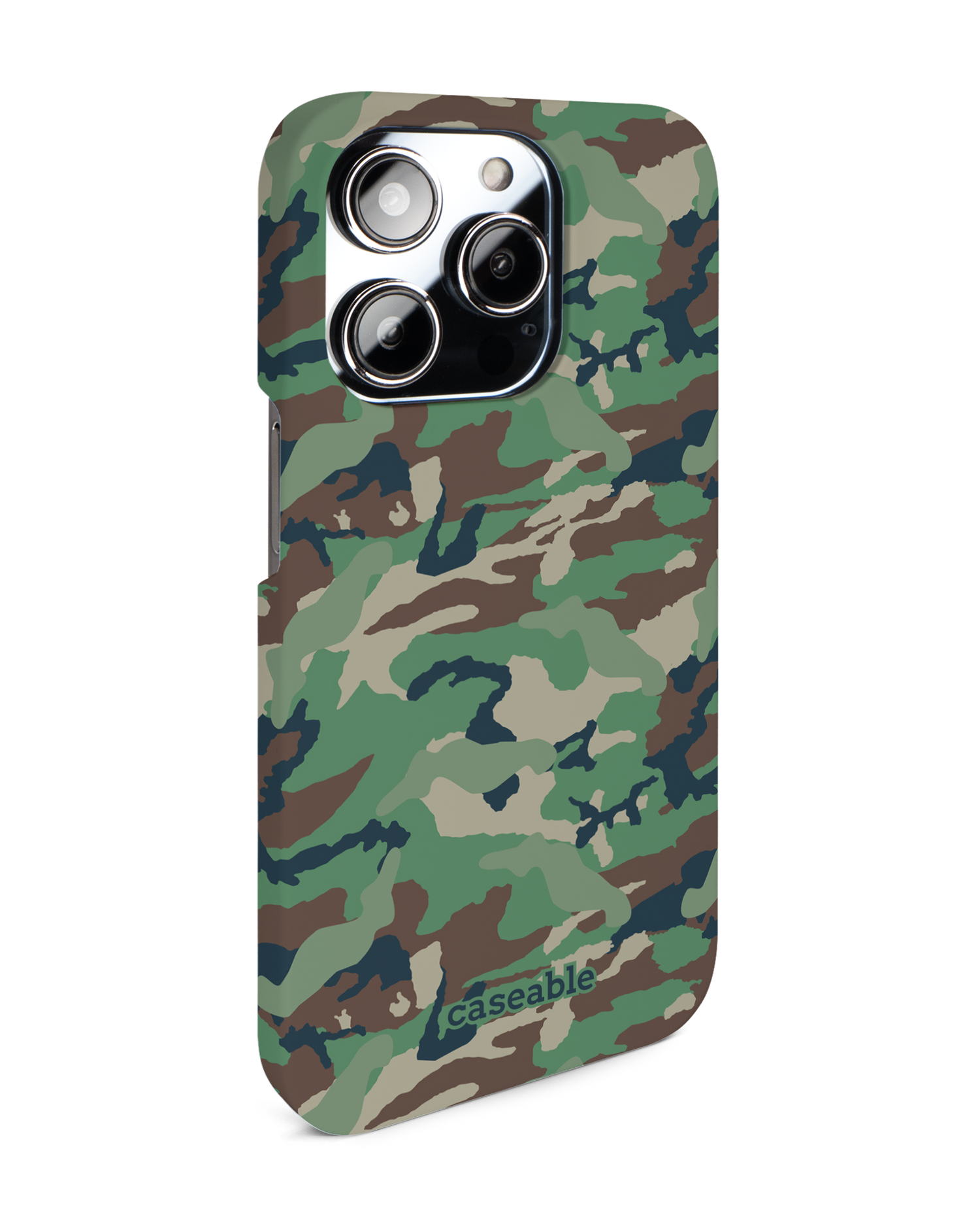 Green and Brown Camo Hard Shell Phone Case for Apple iPhone 14 Pro: View from the left side