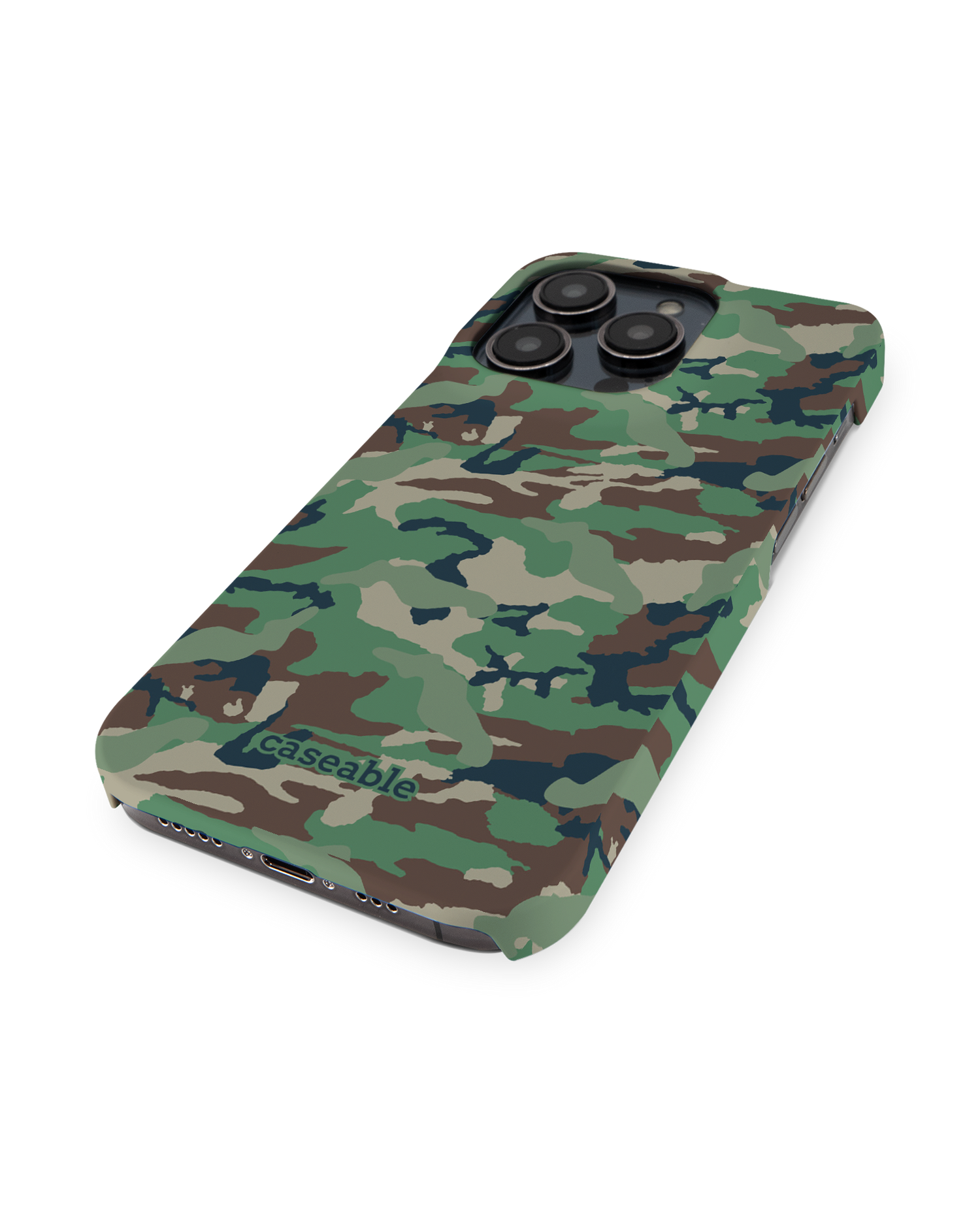 Green and Brown Camo Hard Shell Phone Case for Apple iPhone 14 Pro: Perspective view