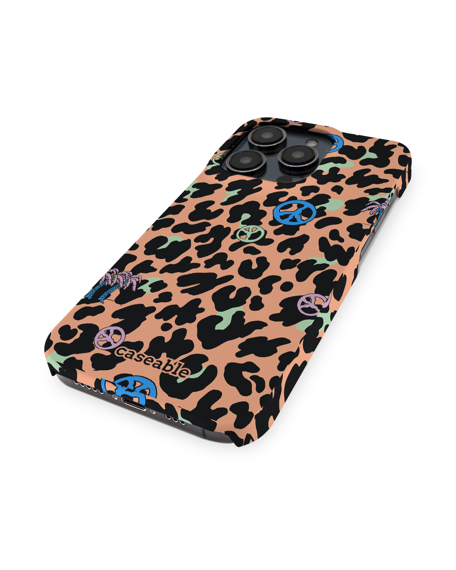 Leopard Peace Palms Hard Shell Phone Case for Apple iPhone 14 Pro: Perspective view