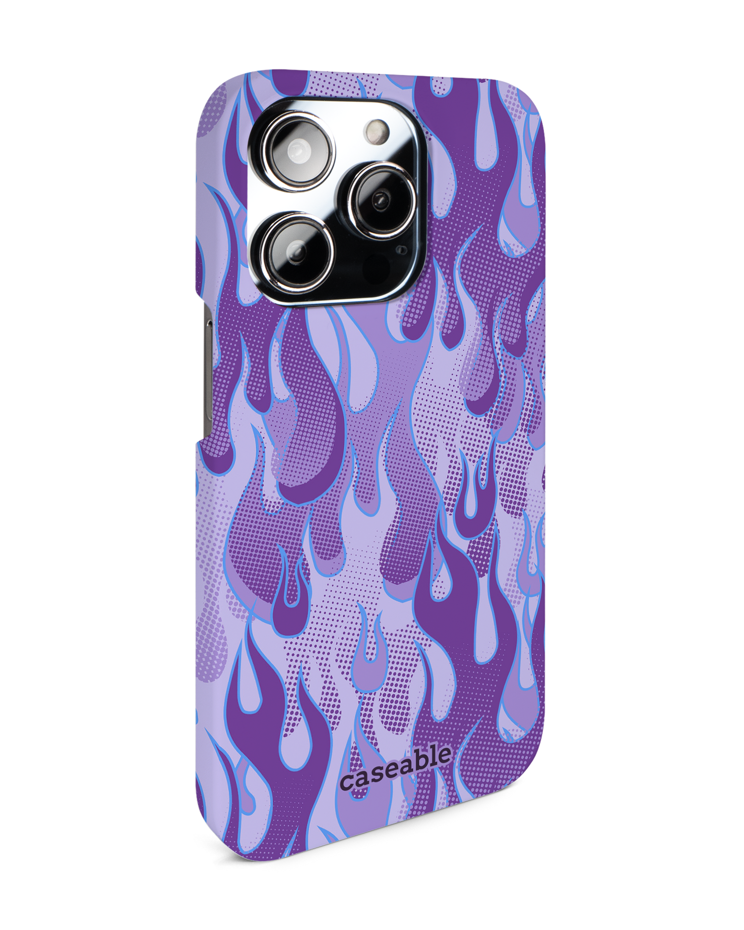 Purple Flames Hard Shell Phone Case for Apple iPhone 14 Pro: View from the left side