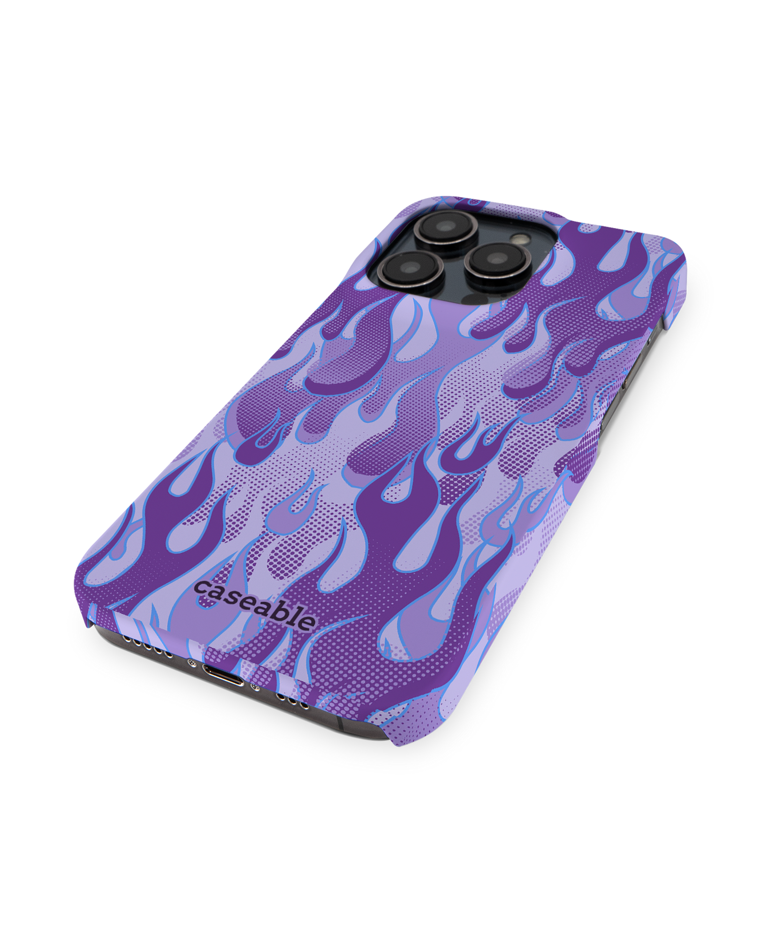 Purple Flames Hard Shell Phone Case for Apple iPhone 14 Pro: Perspective view